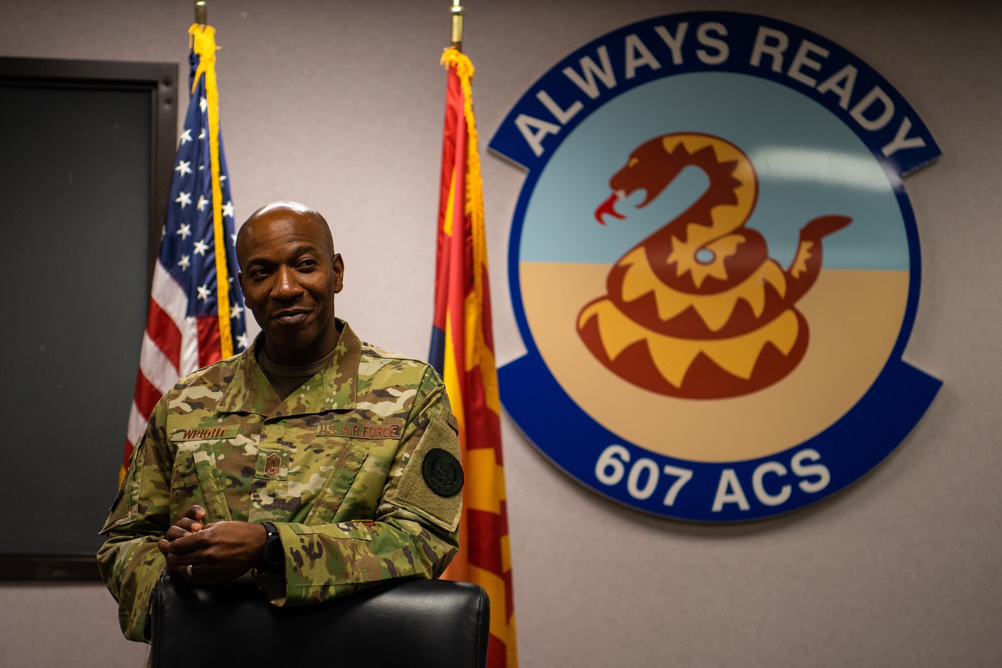 Chief Master Sgt. of the Air Force Kaleth O. Wright listens to an Airman’s question during a meet and greet, Oct. 22, 2018 at Luke Air Force Base, Ariz.