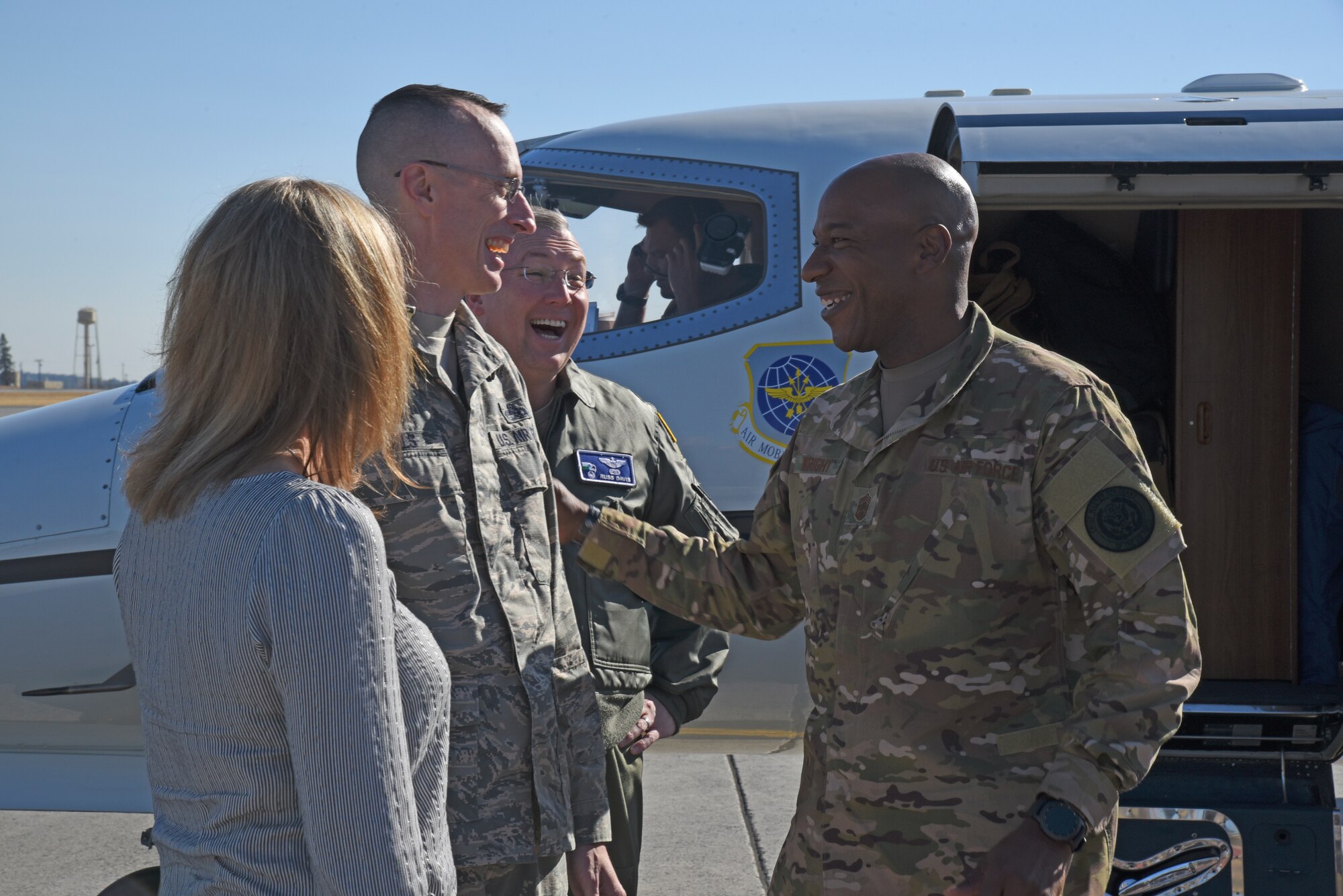 Leaders from the 92nd Air Refueling Wing welcome Chief Master Sgt. of the Air Force Kaleth O. Wright to Fairchild Air Force Base, Oct. 16, 2018. Chief Wright was part of a senior enlisted panel during the annual Congressional Military Family Summit hosted at Fairchild by legislative and military leaders. (U.S. Air Force photo/Staff Sgt. Mackenzie Mendez)