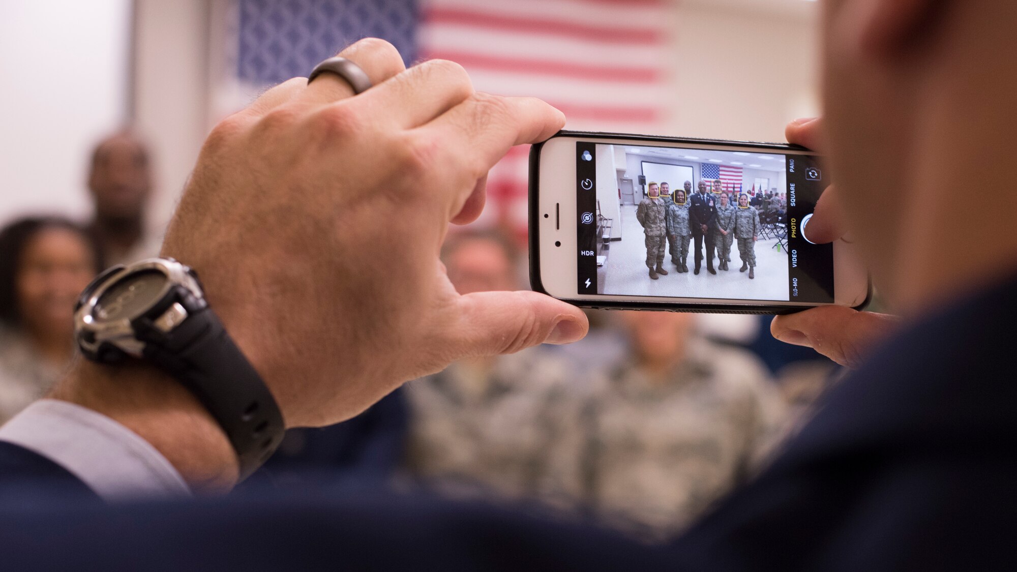 Chief Master Sgt. of the Air Force Kaleth O. Wright poses with Congressional Military Family Summit attendees at Fairchild Air Force Base, Washington, Oct. 17, 2018. Chief Wright was a part of the senior enlisted panel discussion and also took the time to interact with Team Fairchild Airmen between sessions. (U.S. Air Force photo/ Senior Airman Ryan Lackey)