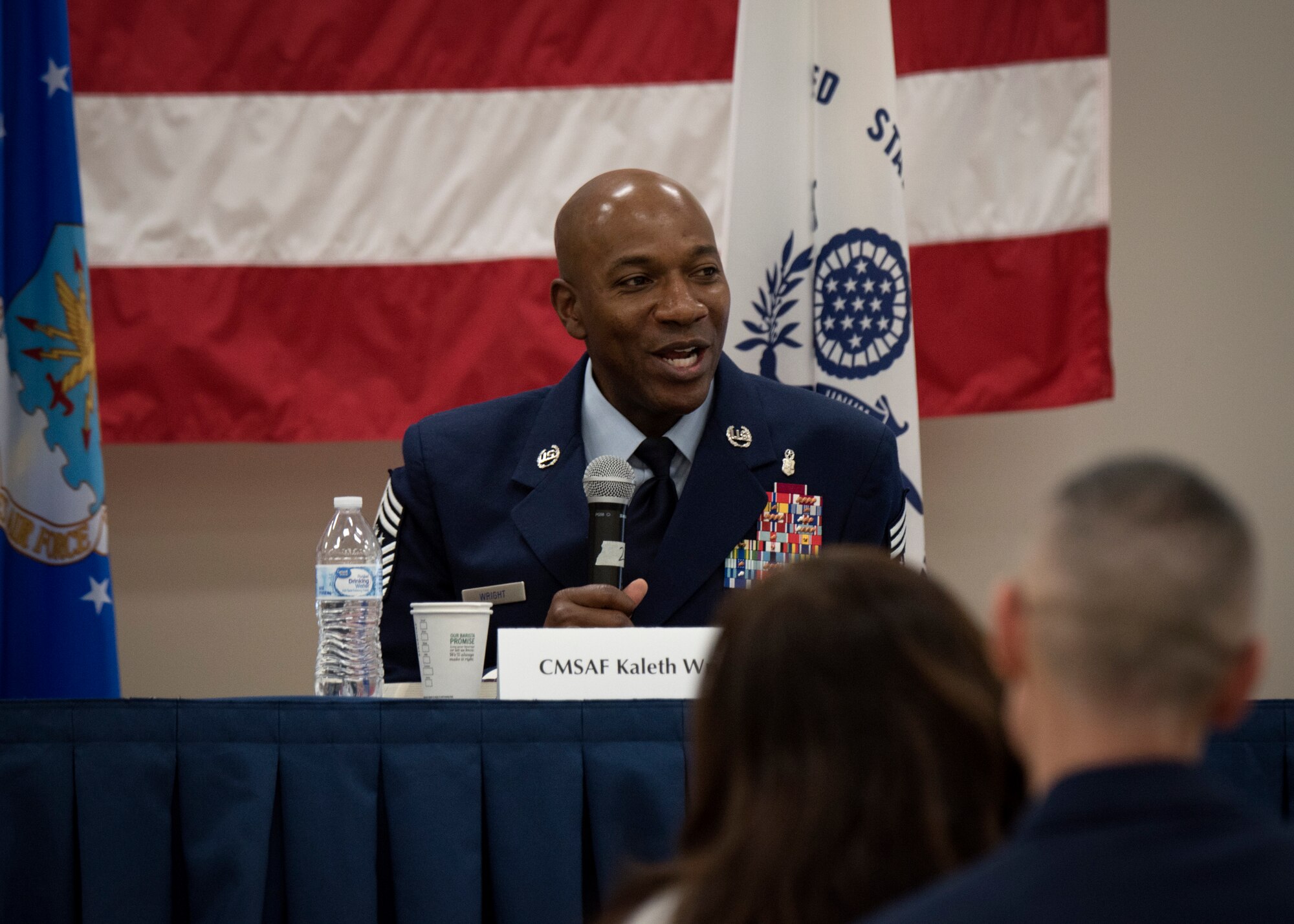Chief Master Sgt. of the Air Force Kaleth O. Wright addresses the concerns of Congressional Military Family Summit attendees at Fairchild Air Force Base, Washington, Oct. 17, 2018. The program gave an opportunity for leaders and advocates from many military and civilian organizations to speak with and address current and retired members’ concerns regarding military and family life. (U.S. Air Force photo/Airman 1st Class Whitney Laine)