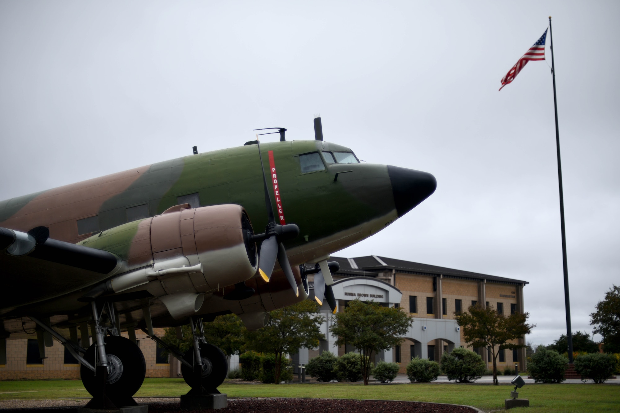 A C-47A modified to depict an EC-47Q on display near the Norma Brown building on Goodfellow Air Force Base, Texas, Oct. 24, 2018. U.S. Air Force Tech. Sgt. Raymond Leftwich flew and died in an EC-47 during the Vietnam War. (U.S. Air Force photo by Senior Airman Randall Moose/Released)