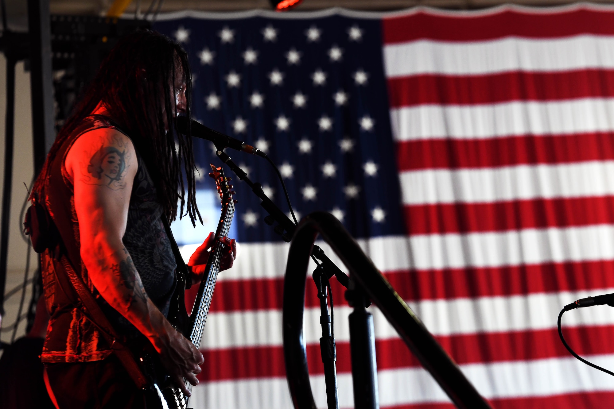 John Moyer, Disturbed bassist, performs for Creech Air Force Base Airmen Oct. 23, 2018. Disturbed partnered with the USO to perform a concert for Creech Airmen after learning about the wing mission. (U.S. Air Force photo by James Thompson)