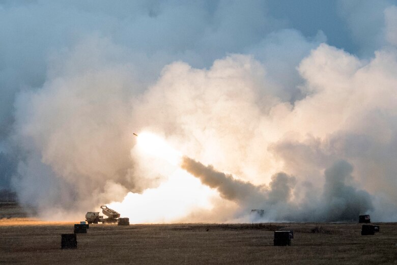 U.S. Army Soldiers assigned to Alpha Battery, 3rd Battalion, 27th Field Artillery Regiment (HIMARS), 18th Field Artillery Regiment, Fort Bragg, N.C., fire a M142 High Mobility Artillery Rocket System at Fort Greely, Alaska, Oct. 19, 2018, during Red Flag-Alaska 19-1. Their unit was tasked to provide long-range artillery support during RF-A, allowing the unit to showcase its capabilities and develop relationships with other services. Some capabilities of the M142 HIMARS include long-range lethality, the ability to be loaded unto an aircraft and flown anywhere location in the world, and extreme range precision to reduce collateral damage.