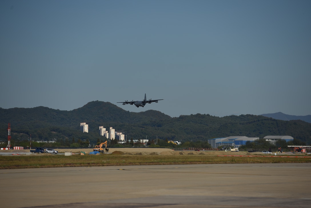An HC-130 Combat King lands at Osan Air Base, Republic of Korea, after completing a routine training mission Oct. 22, 2018. The Combat King is the U.S. Air Force extended-range, search and rescue/combat search and rescue version of the C-130 Hercules military transport aircraft. (U.S. Air Force photo by Senior Airman Kelsey Tucker)
