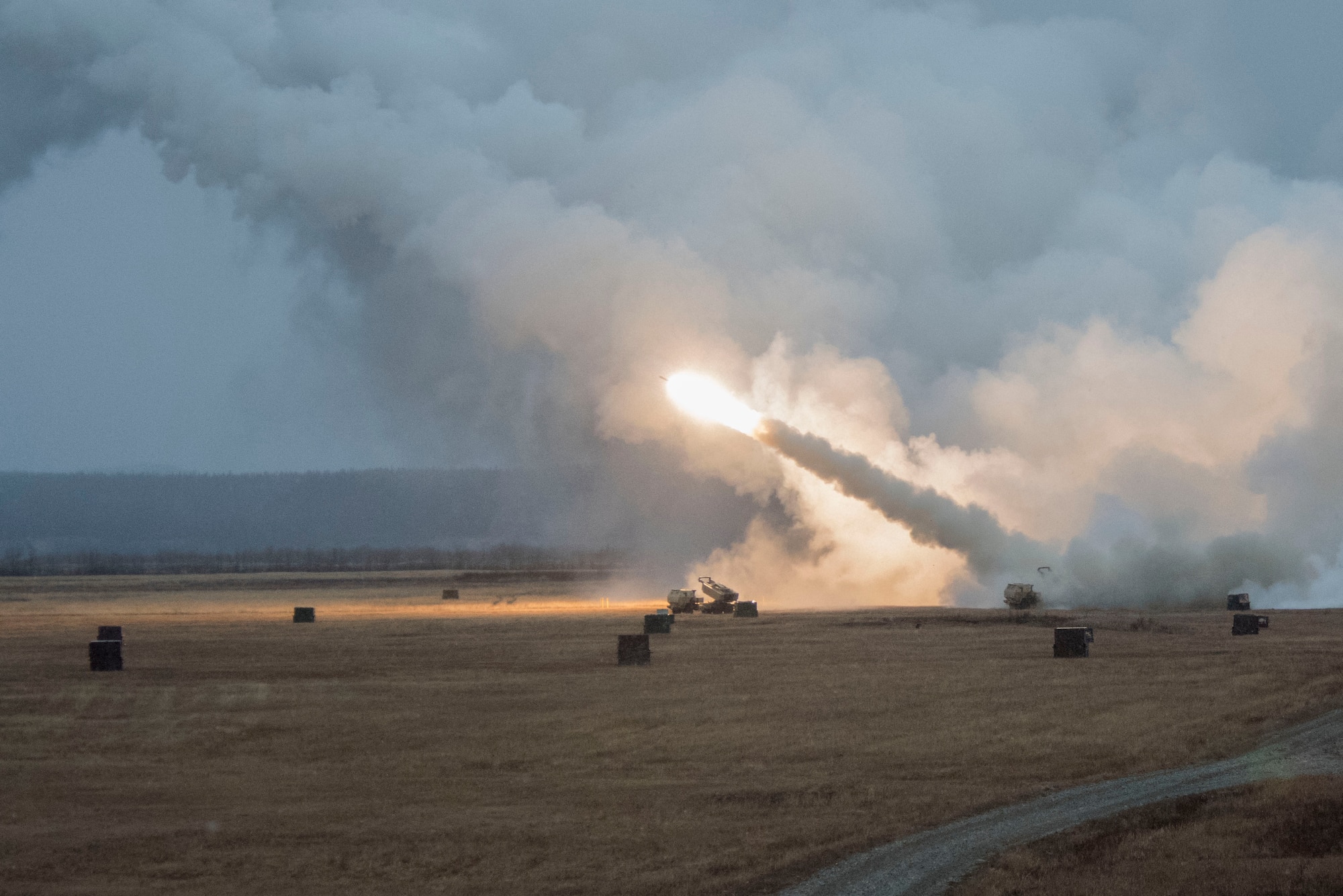 U.S. Army Soldiers assigned to Alpha Battery, 3rd Battalion, 27th Field Artillery Regiment (HIMARS), 18th Field Artillery Regiment, Fort Bragg, N.C., fire a M142 High Mobility Artillery Rocket System at Fort Greely, Alaska, Oct. 19, 2018, during Red Flag-Alaska 19-1. Their unit was tasked to provide long-range artillery support during RF-A, allowing the unit to showcase its capabilities and develop relationships with other services. Some capabilities of the M142 HIMARS include long-range lethality, the ability to be loaded unto an aircraft and flown anywhere location in the world, and extreme range precision to reduce collateral damage.