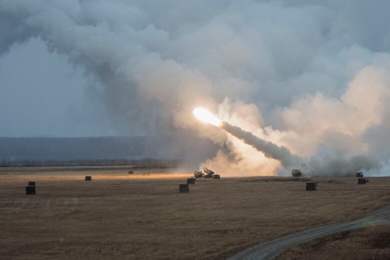 U.S. Army Soldiers assigned to Alpha Battery, 3rd Battalion, 27th Field Artillery Regiment (HIMARS), 18th Field Artillery Regiment, Fort Bragg, N.C., fire a M142 High Mobility Artillery Rocket System at Fort Greely, Alaska, Oct. 19, 2018, during Red Flag-Alaska 19-1. Their unit was tasked to provide long-range artillery support during RF-A, allowing the unit to showcase its capabilities and develop relationships with other services. Some capabilities of the M142 HIMARS include long-range lethality, the ability to be loaded unto an aircraft and flown anywhere location in the world, and extreme range precision to reduce collateral damage.
