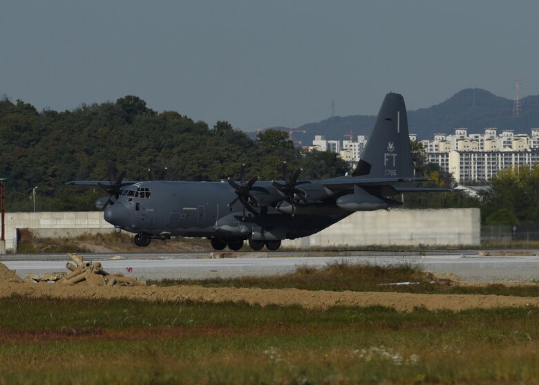 An HC-130 Combat King lands at Osan Air Base, Republic of Korea, after completing a routine training mission Oct. 22, 2018. The Combat King is the U.S. Air Force extended-range, search and rescue/combat search and rescue version of the C-130 Hercules military transport aircraft. (U.S. Air Force photo by Senior Airman Kelsey Tucker)
