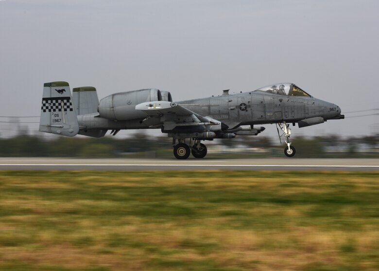 A U.S. Air Force A-10 Thunderbolt II from the 25th Fighter Squadron prepares to take off at Osan Air Base, Republic of Korea, Oct. 22, 2018. A-10s participated in routine training aimed at sharpening skills needed for search and rescue operations.