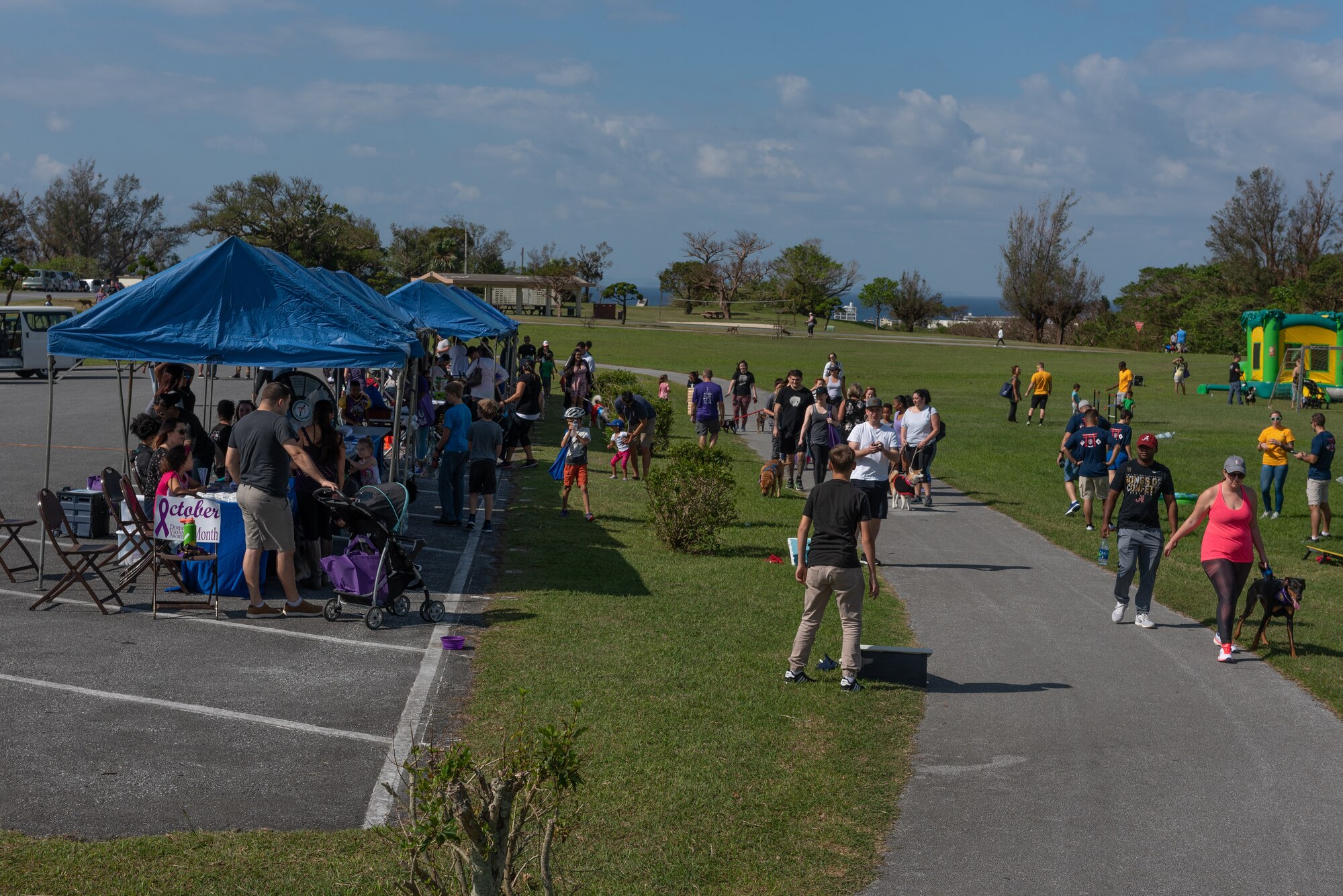 Participants of the Paws Against Domestic Violence event walk around the track Oct. 20, 2018, at Kadena Air Base, Japan. The event was hosted by U.S. Army, Air Force and Marine Corps family advocacy agencies stationed on Okinawa. Military family advocacy programs work to prevent domestic abuse, child abuse and child neglect by providing education and awareness programs for the military community. (U.S. Air Force photo by Staff Sgt. Micaiah Anthony)