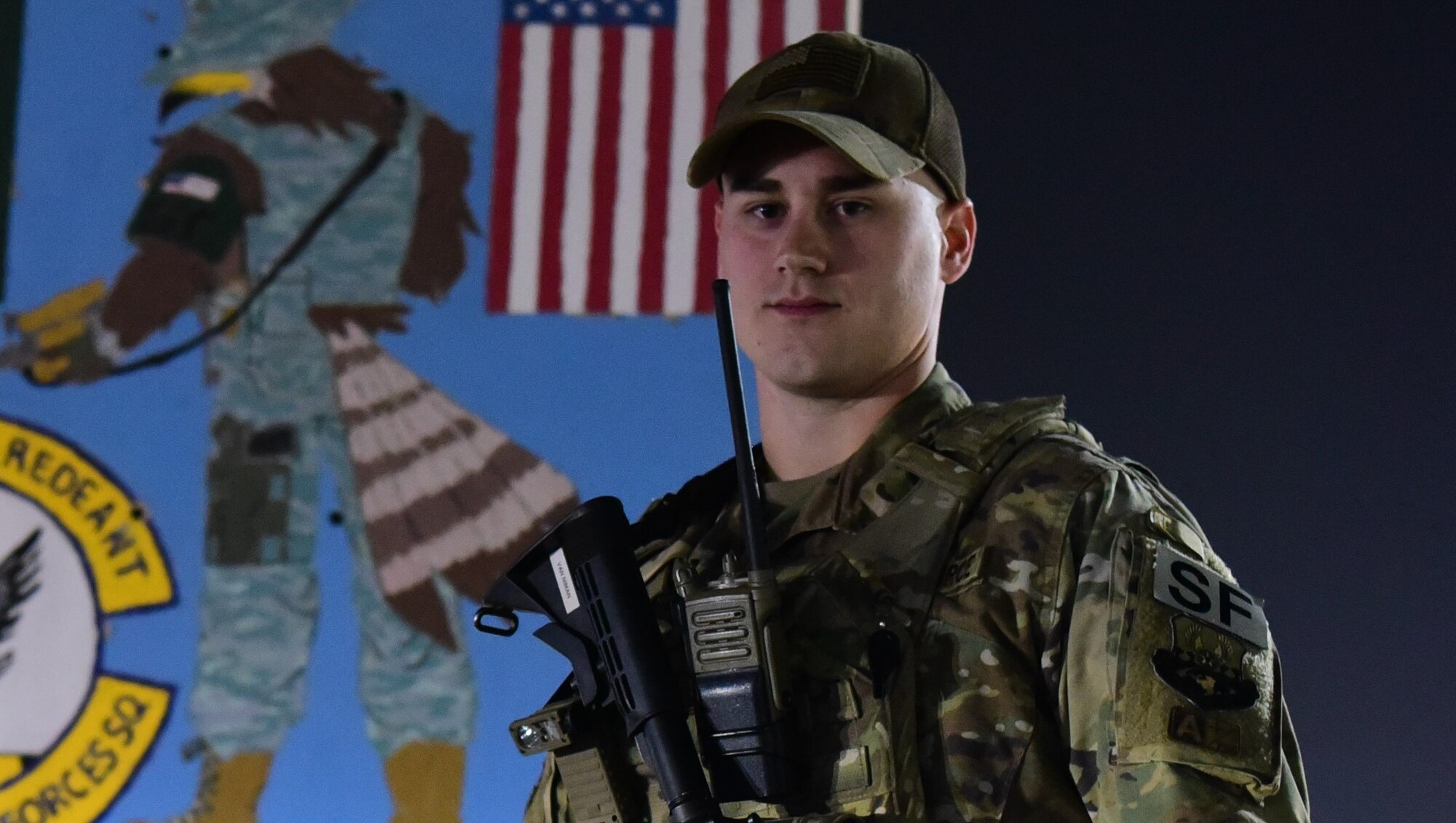 Staff Sgt. Justin Van Niman, 387th Expeditionary Security Forces Squadron fire team member poses for a photo Oct. 16, 2018, at an undisclosed location in Southwest Asia. Van Niman is the latest Rock Solid Warrior. (U.S. Air Force photo by Staff Sgt. Christopher Stoltz)