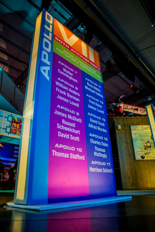 The names of each surviving astronauts of each Apollo mission were put on display while celebrating the 50th Anniversary of the Apollo 7 missions at the Frontiers of Flight Museum in Dallas, Oct. 20, 2018. Apollo 7 was the only manned Apollo mission launched on a Saturn 1-B rocket and from pad 34 at Cape Kennedy. It was the first manned test of the Command and Service Module. The crew orbited the Earth 163 times and spent 10 days and 20 hours in space. (U.S. Marine Corps photo by Lance Cpl. Melany Vasquez/Released)