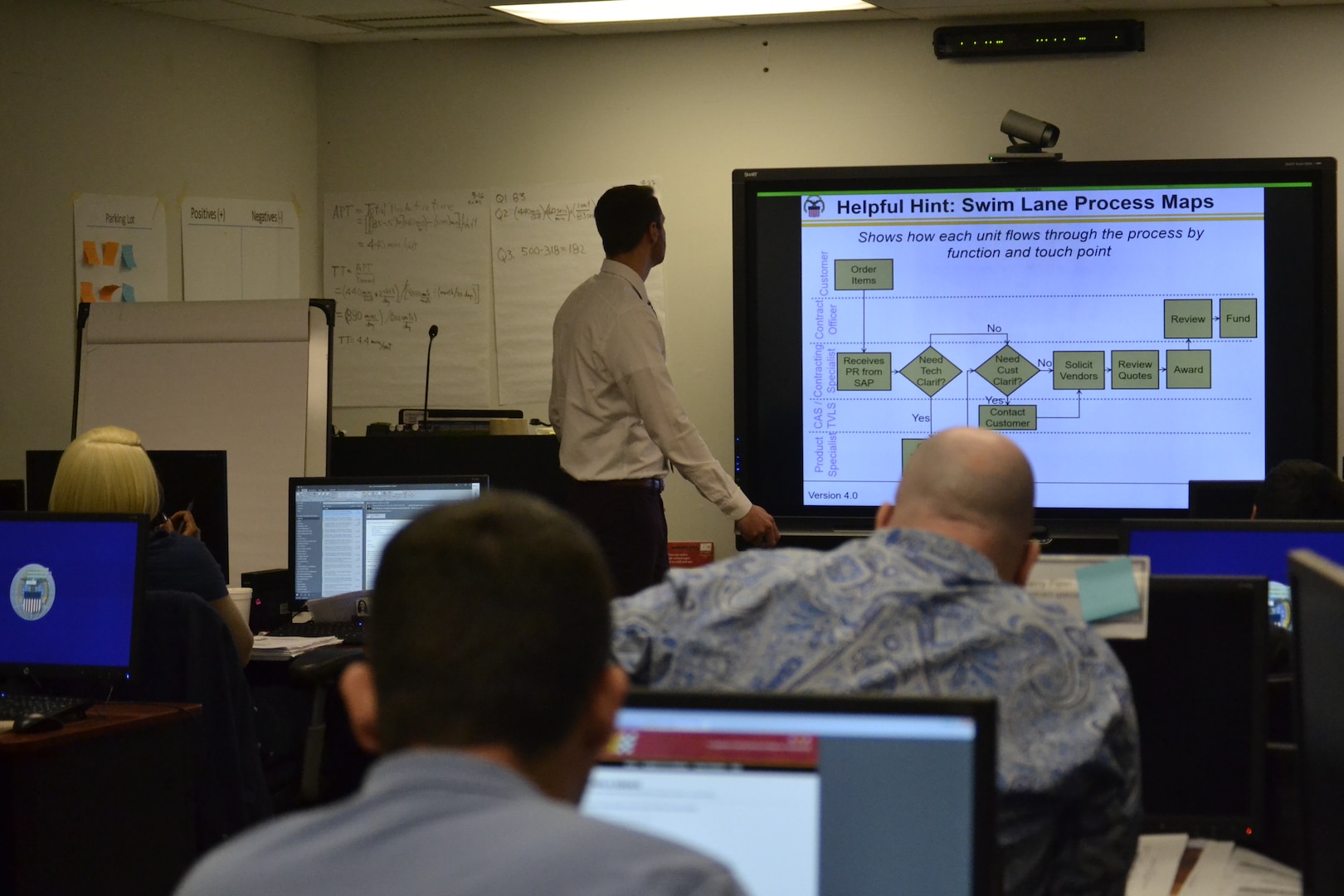 DLA Troop Support employees learn about basic process mapping during Lean Six Sigma Green Belt training Oct. 18 in Philadelphia. Students gain analytical skills during Tthe 40-hour training course, which they must pass and then complete a continuous process improvement project to earn their Green Belt certification.