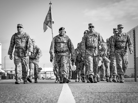 Security forces defenders from the 920th Rescue Wing, Patrick Air Force Base, Florida, put together an array of teambuilding activities as a way to say farewell to Chief Master Sgt. Stacie Moore, 920th SFS enlisted manager, on his retirement October 13, 2018. Events included rucking, running and all-around physical fitness as a way to pay tribute to his leadership. U.S. Air Force photo by Senior Airman Brandon Kalloo Sanes