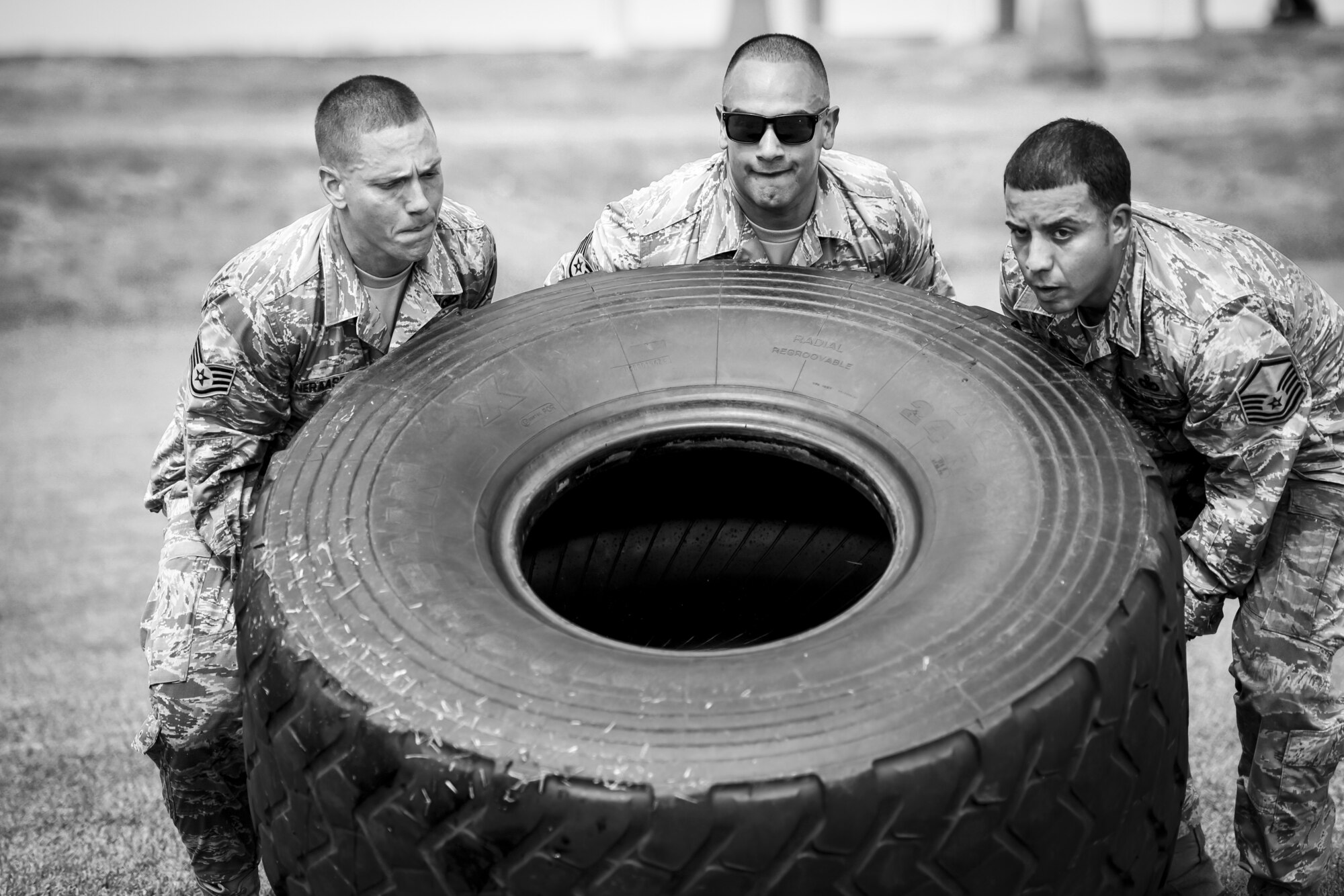Security forces defenders from the 920th Rescue Wing, Patrick Air Force Base, Florida, put together an array of teambuilding activities as a way to say farewell to Chief Master Sgt. Stacie Moore, 920th SFS enlisted manager, on his retirement October 13, 2018. Events included rucking, running and all-around physical fitness as a way to pay tribute to his leadership. U.S. Air Force photo by Senior Airman Brandon Kalloo Sanes