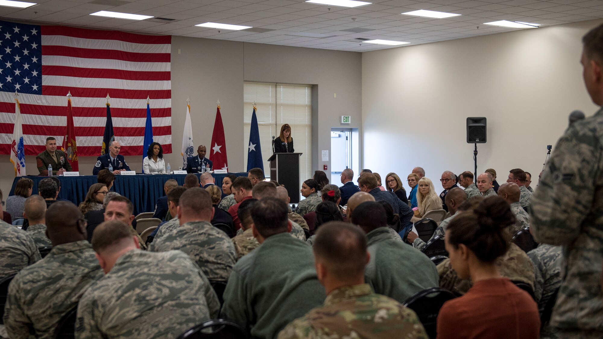 Keynote speakers listen to questions asked by attendees at the annual Congressional Military Family Summit at Fairchild Air Force Base, Washington, Oct. 17, 2018. Airmen and families were given an opportunity to ask questions throughout the event about current issues regarding military and family life. (U.S. Air Force photo/Airman 1st Class Whitney Laine)