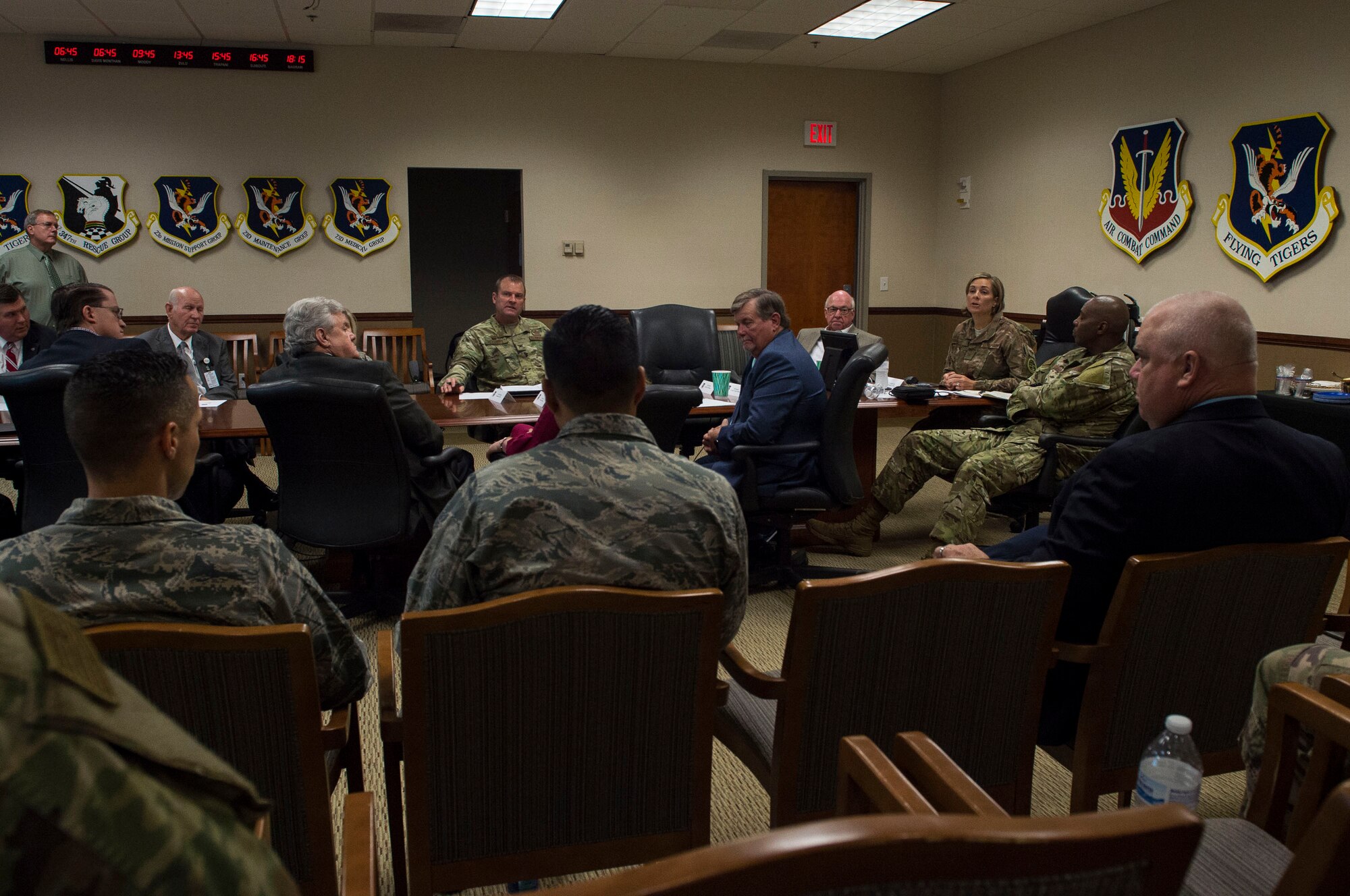 Col. Jennifer Short, 23d Wing commander, talks with members of the Moody Community Partnership Committee meeting (MCPC), during a meeting, Oct. 24, 2018. The MCPC creates mutually beneficial partnerships to help Moody and Lowndes County save money, which is permitted through the Air Force public-public, public-private, or P4 initiative.  (U.S. Air Force photo by Senior Airman Janiqua P. Robinson)