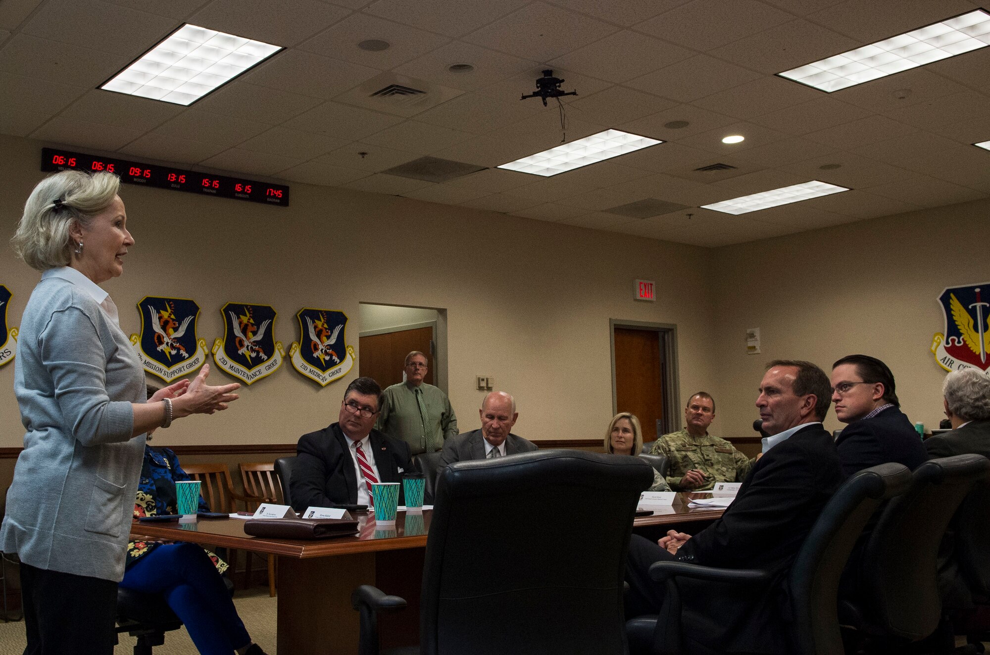 Myrna Ballard, Valdosta-Lowndes County Chamber of Commerce president, briefs members of the Moody Community Partnership Committee during a meeting (MCPC), Oct. 24, 2018. The MCPC creates mutually beneficial partnerships to help Moody and Lowndes County save money, which is permitted through the Air Force public-public, public-private, or P4 initiative.  (U.S. Air Force photo by Senior Airman Janiqua P. Robinson)