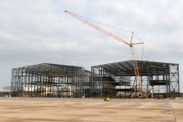Tulsa District, U.S. Army Corps of Engineer contractors work to construct a two bay hangar for the Boeing KC-46A at Tinker Air Force Base, August 15, 2018.  Constructed on a Boeing 767 airframe, the Pegasus is taller, longer and has a larger wingspan than the 707-based airframe of the KC-135 Stratotanker.  Construction on the multi-phase KC-46A project at Tinker is expected to run through fiscal year 2029, with final construction providing hangar space for 14 separate KC-46A aircraft.  (Released/Official U.S. Army Photo By: Preston L. Chasteen)