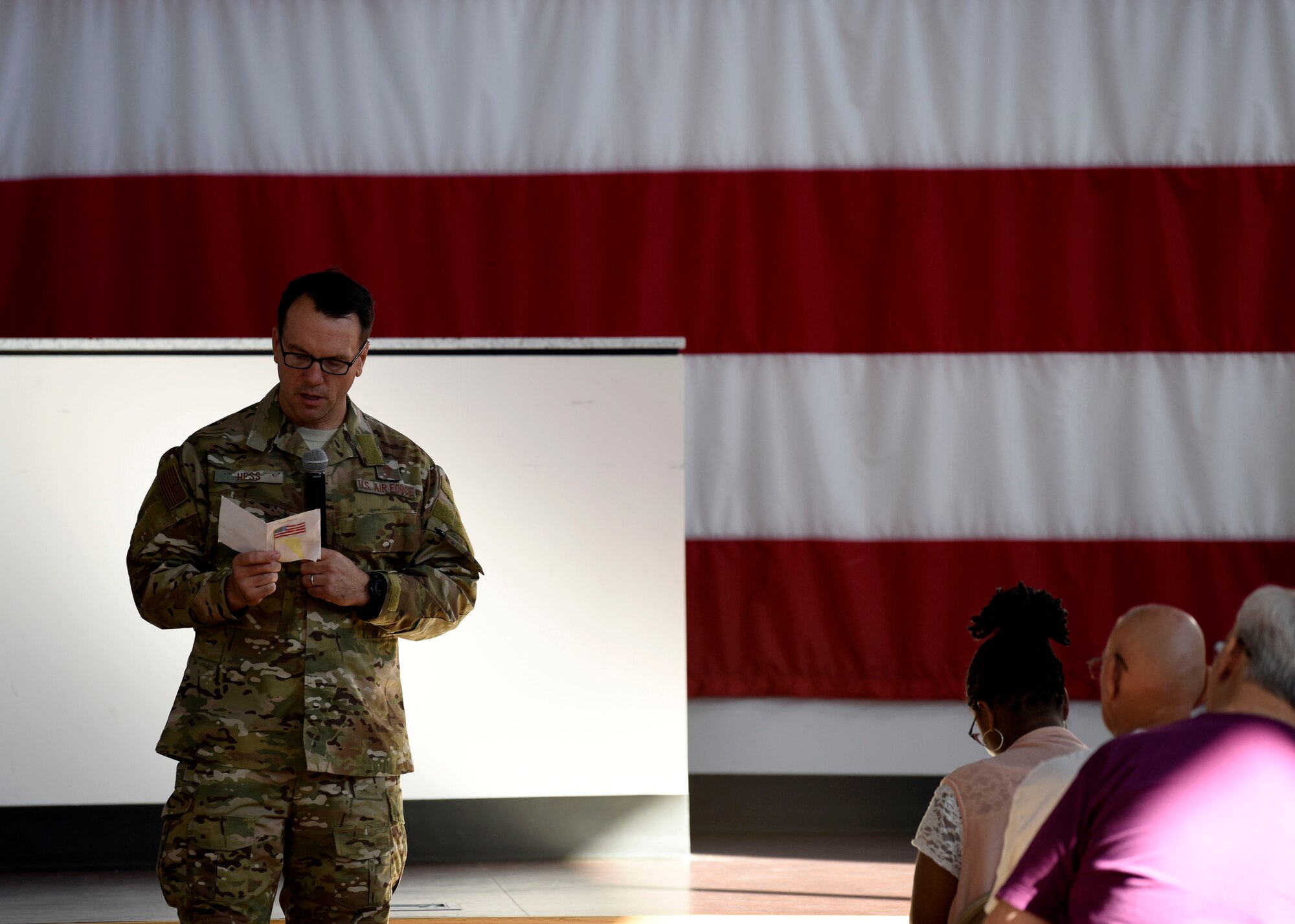 Maj. Douglas Hess, 56th Fighter Wing deputy chaplain, shares a personal story and invocation with attendees of a Retiree Appreciation Day event Oct. 20, 2018, at Luke Air Force Base, Ariz.