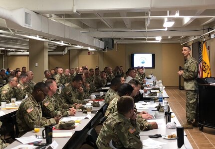 U.S. Army 3rd Recruiting Brigade Commander, Col. Eric Lopez, speaks with 7th ROTC Brigade Senior Military Instructors Sept. 27.