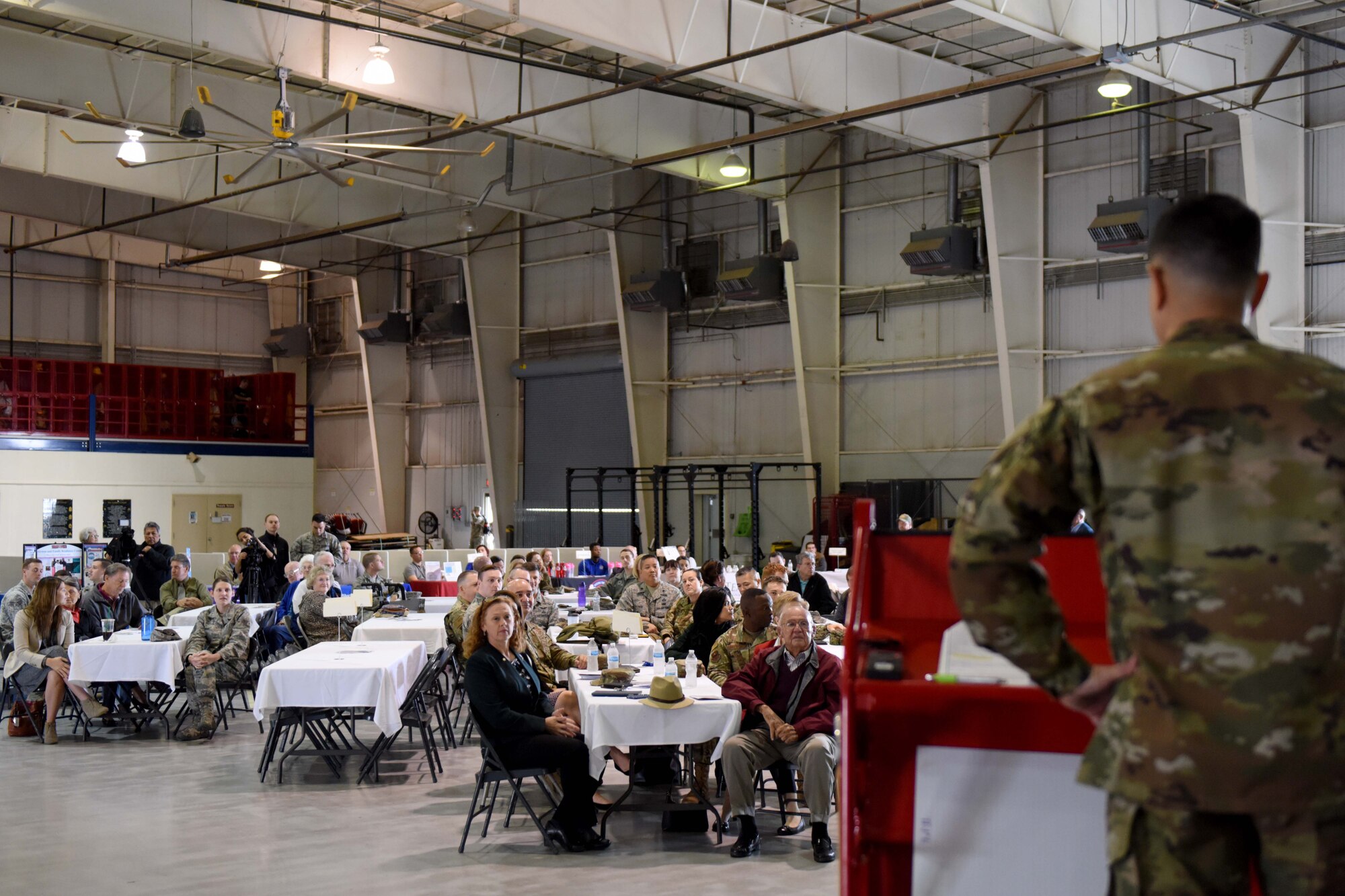 U.S. Air Force Col. Ricky Mills, 17th Training Wing commander, speaks during Retiree Appreciation Day at the Louis F. Garland Department of Defense Fire Academy on Goodfellow Air Force Base, Texas, Oct. 25, 2018. Mills thanked the military retirees for their service. (U.S. Air Force photo by Senior Airman Randall Moose/Released)