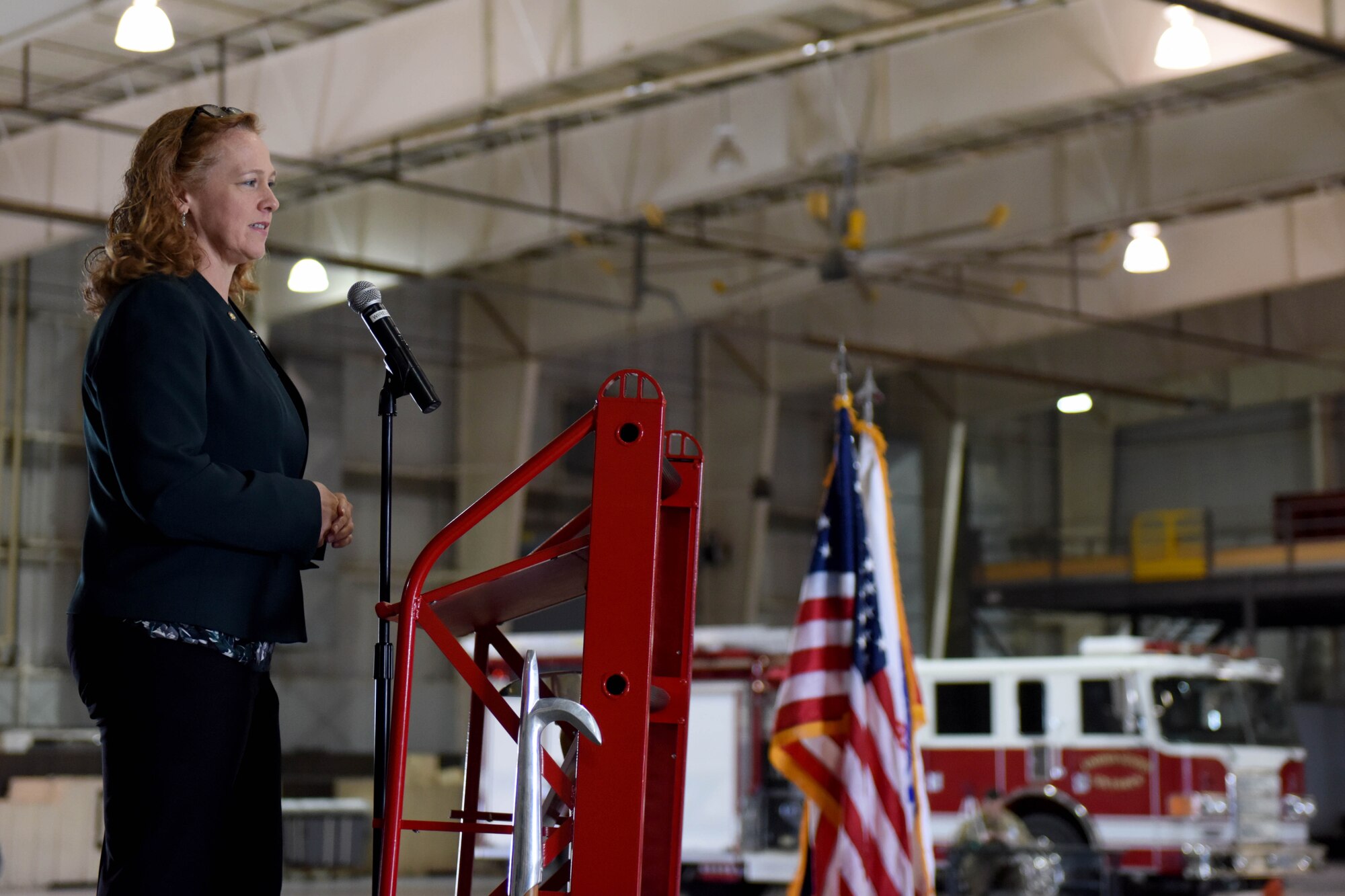 Retired Col. Kimberlee Joos, Texas Veterans Commission commissioner, speaks during Retiree Appreciation Day at the Louis F. Garland Department of Defense Fire Academy on Goodfellow Air Force Base, Texas, Oct. 25, 2018. Joos, a former 17th Training Wing commander, spoke on the differences between active duty service and being a retiree.  (U.S. Air Force photo by Senior Airman Randall Moose/Released)
