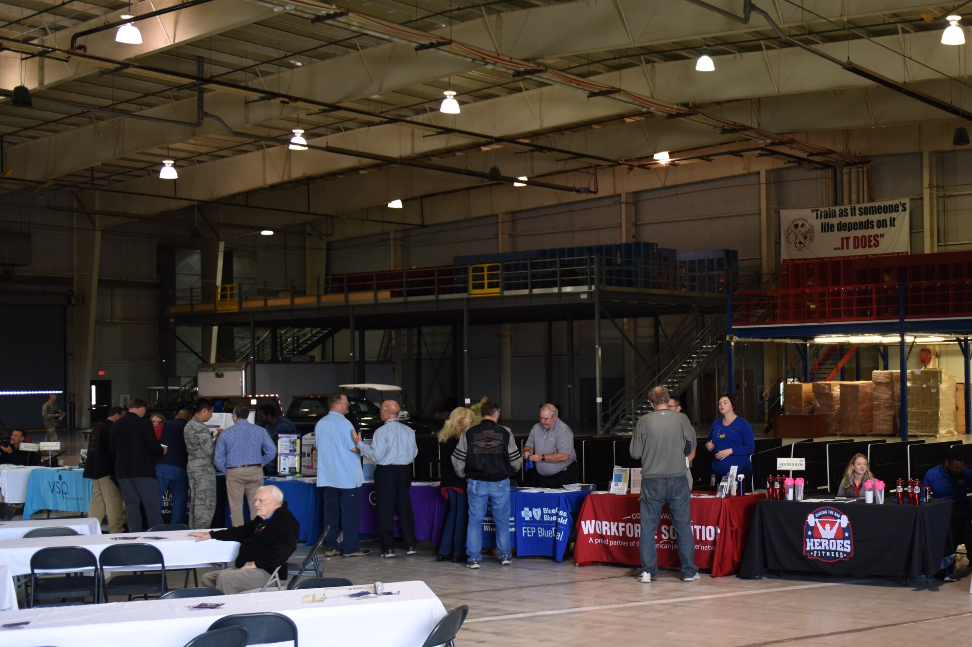 Participants visit booths during Retiree Appreciation Day at the Louis F. Garland Department of Defense Fire Academy on Goodfellow Air Force Base, Texas, Oct. 25, 2018. The event displayed resources available to military retirees such as clubs, health support and post-retirement job opportunities. (U.S. Air Force photo by Senior Airman Randall Moose/Released)