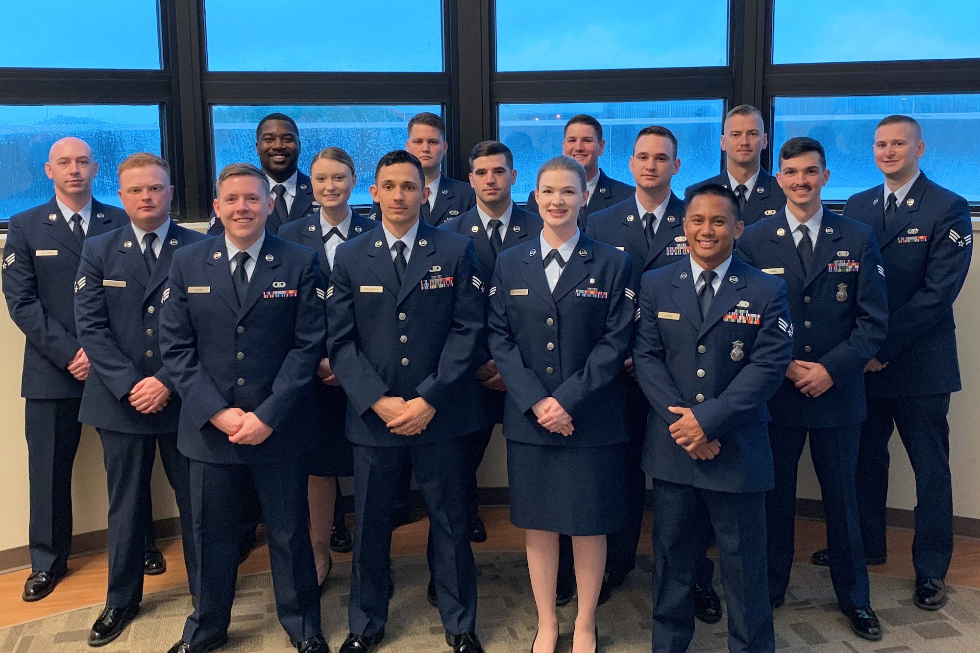 Airman Leadership School Class 18-F stands in the Consolidated Learning Center on Goodfellow Air Force Base, Texas, Oct. 25, 2018. ALS is a six-week course designed to prepare senior airmen to assume supervisory duties by offering instruction in leadership, followership, written and oral communication skills, and the profession of arms. (Courtesy Photo/Released)