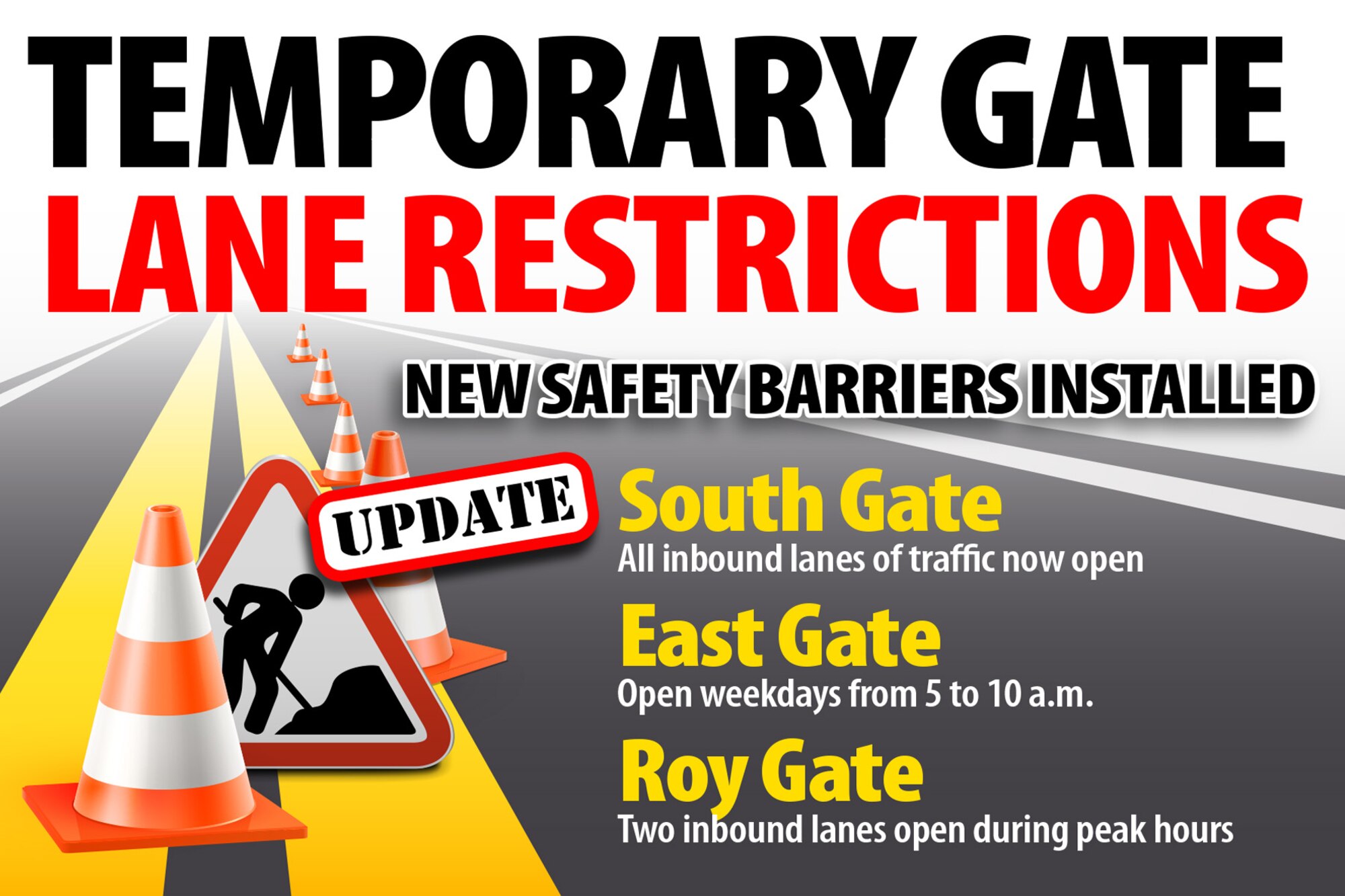 Gate construction has shifted to the Roy Gate, where there will be two inbound lanes of traffic from 5 to 10 a.m. and just one inbound lane of traffic opened all other times. Those leaving the gate during peak hours will be diverted through the Museum Gate. The East Gate will be open weekdays from 5 to 10 a.m. during the construction period.