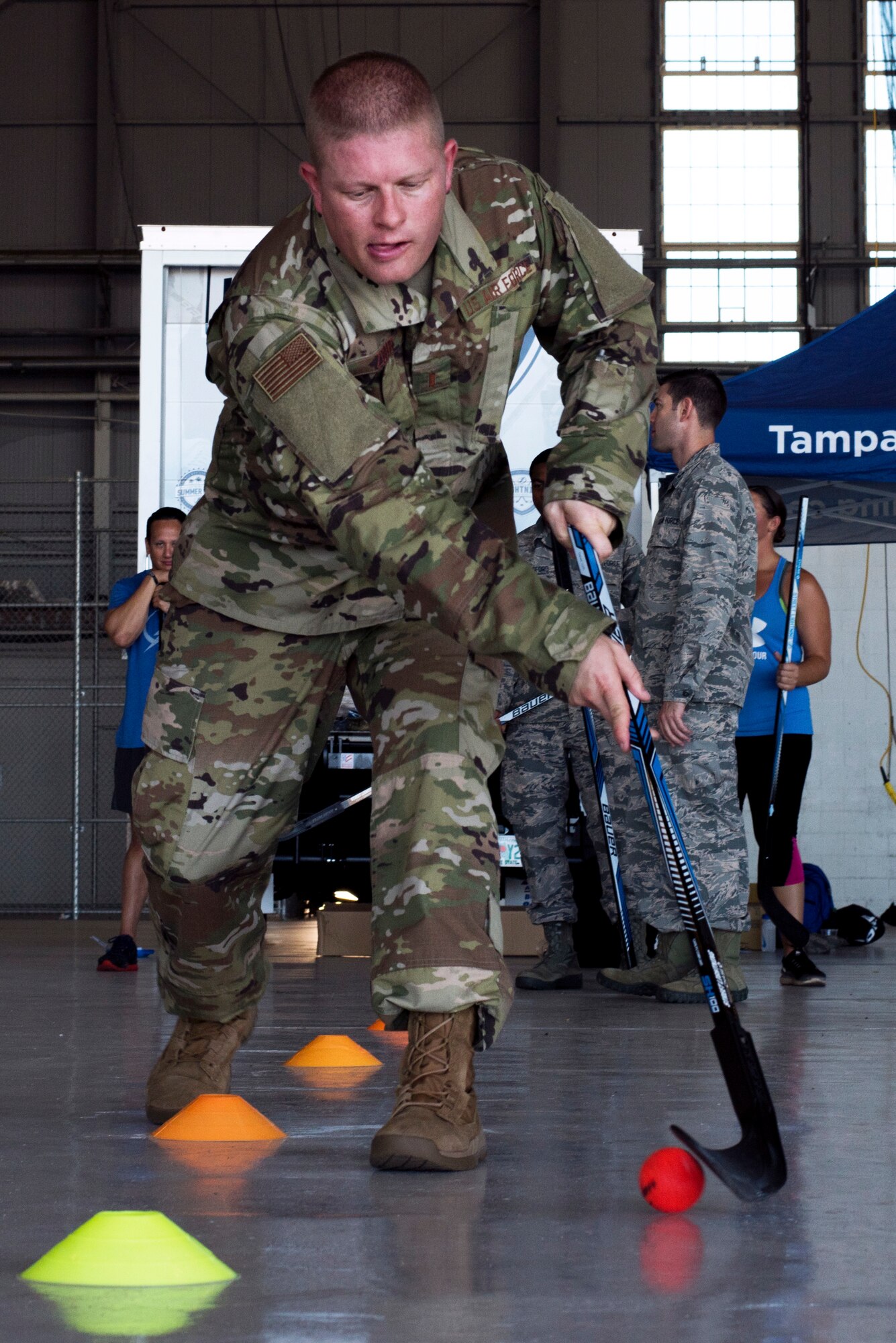 U.S. Air Force 2nd Lt. Roger Zehr, the officer in charge of intelligence training assigned to the 6th Operation Support Squadron, practices stick handling skills at MacDill Air Force Base, Florida, Oct. 25, 2018.