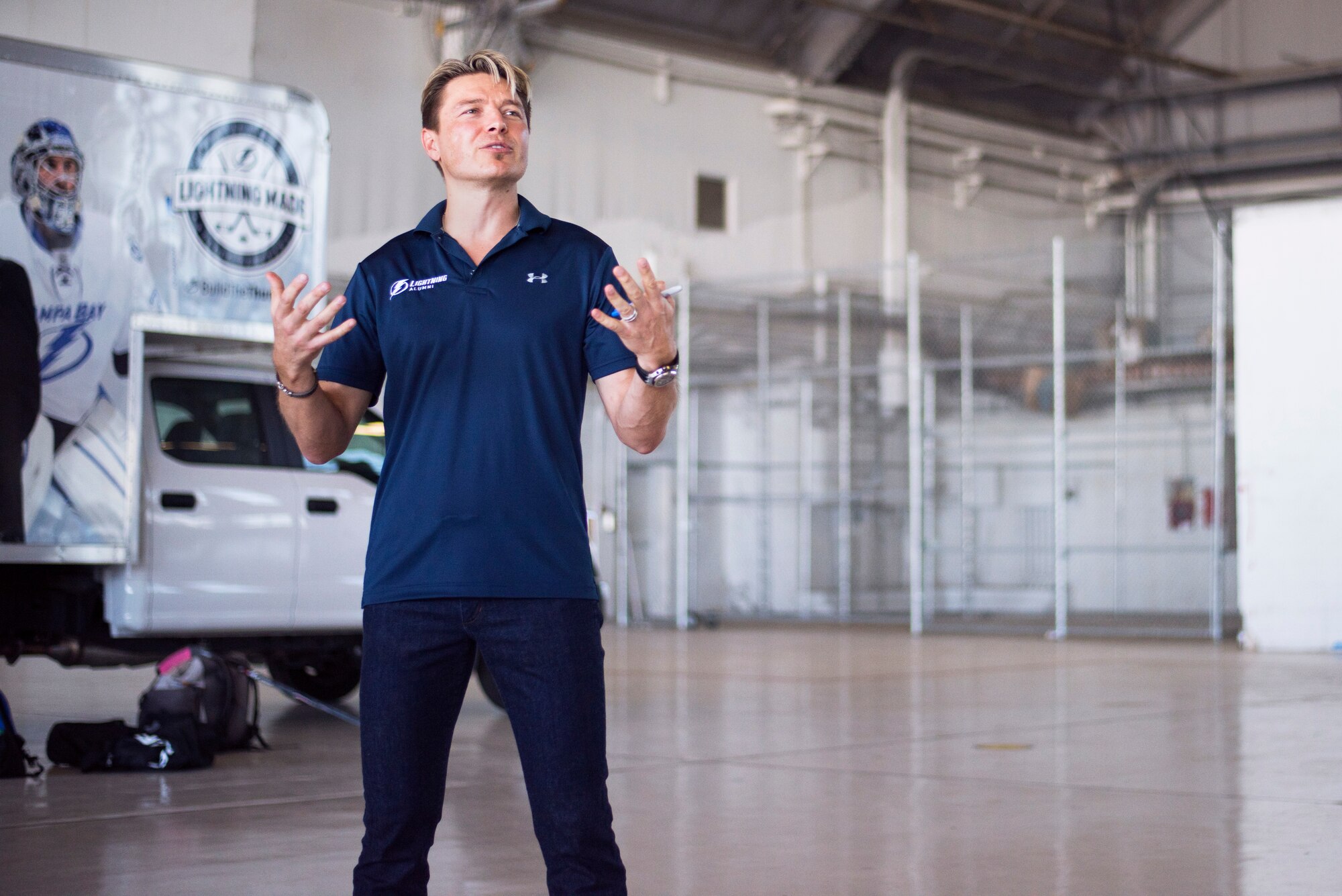 Former Tampa Bay Lightning player, Ruslan Fedotenko, talks about hockey fundamentals at MacDill Air Force Base, Florida, Oct. 25, 2018.