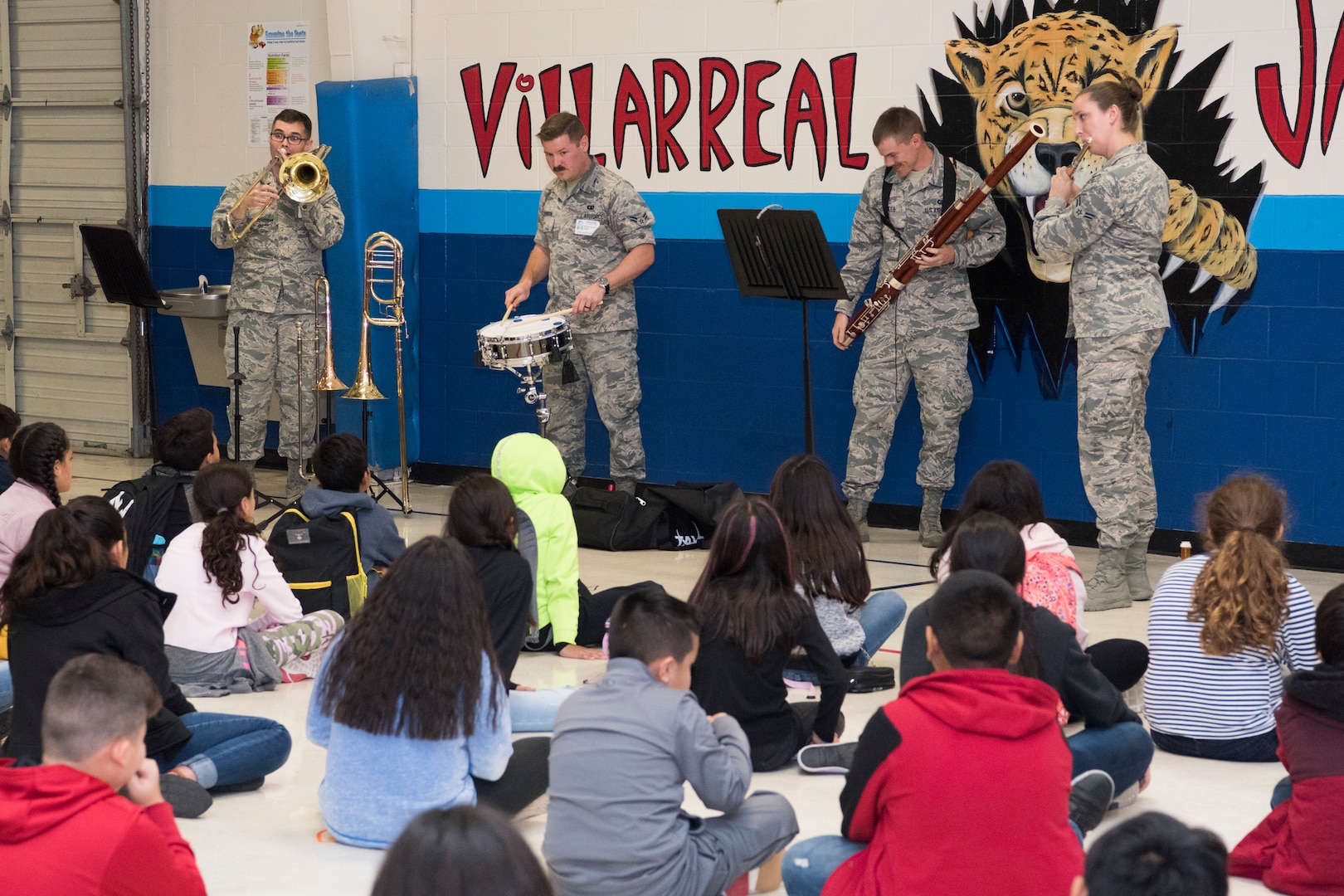 U.S. Air Force Band of the West musicians perform for Villarreal Elementary students Oct. 17, 2018, at San Antonio, Texas.