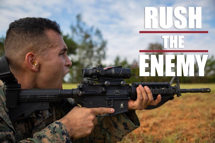 Cpl. Alberto Castillolopez screams out instructions to his fireteam during a fire and movement range Oct. 24, 2018, at Camp Hansen, Okinawa, Japan. During the range, Marines with 3rd Marine Logistics Group practiced their marksmanship skills, improved their communication and worked on their weapons handling while engaging targets. Castillolopez is a native of Riverside, California, is a machine gunner with the Tactical Readiness and Training, G-3, 3rd MLG Headquarters. (U.S. Marine Corps photo by Lance Cpl. Terry Wong)