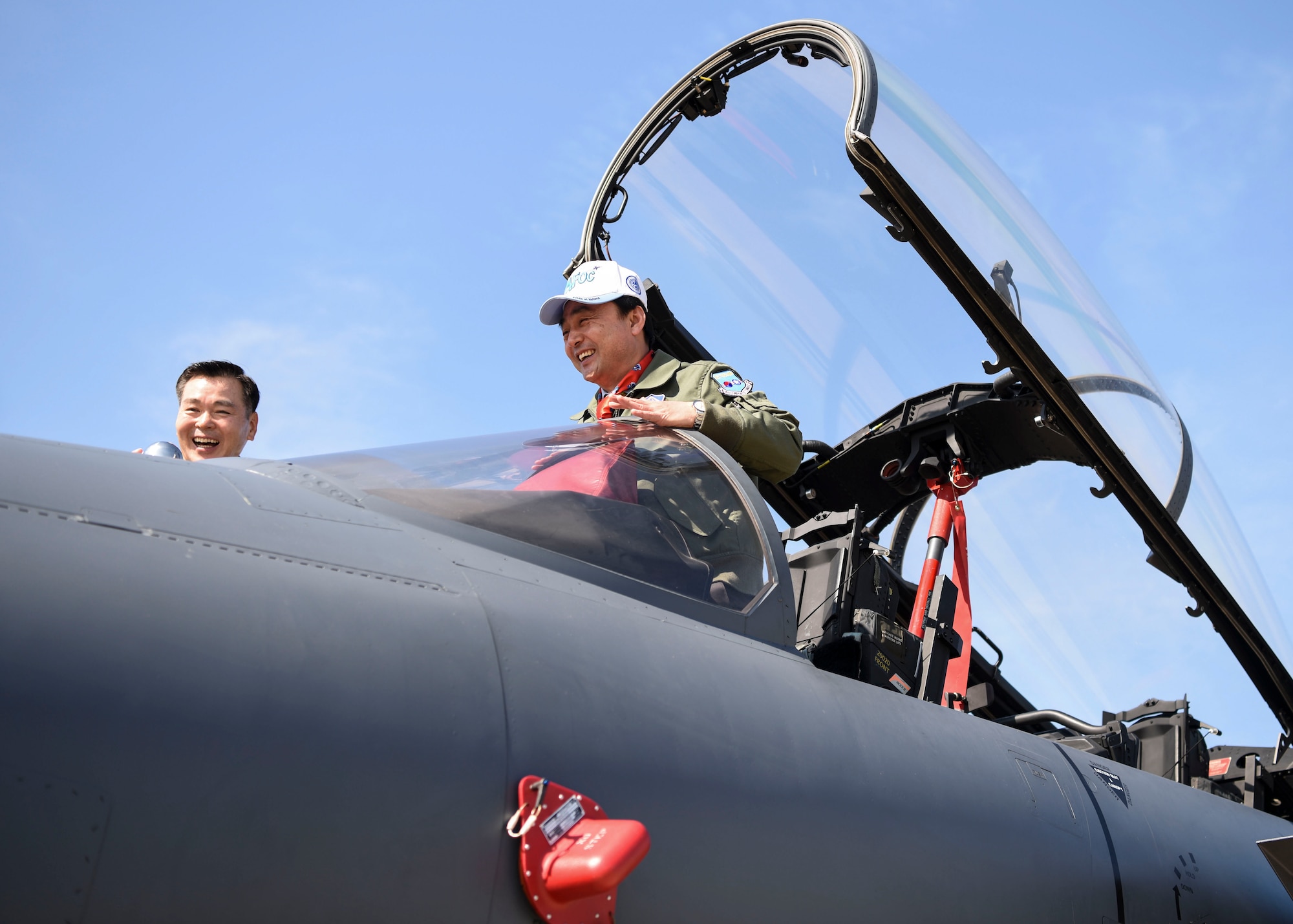 A member of the Republic of Korea National Defense Committee sits in the cockpit of a ROK Air Force F-15K Slam Eagle at Osan Air Base, ROK, Oct. 25, 2018. The NDC received a variety of ROK status reports and participated in an aircraft and munitions display tour. (U.S. Air Force photo by Airman 1st Class Ilyana A. Escalona)