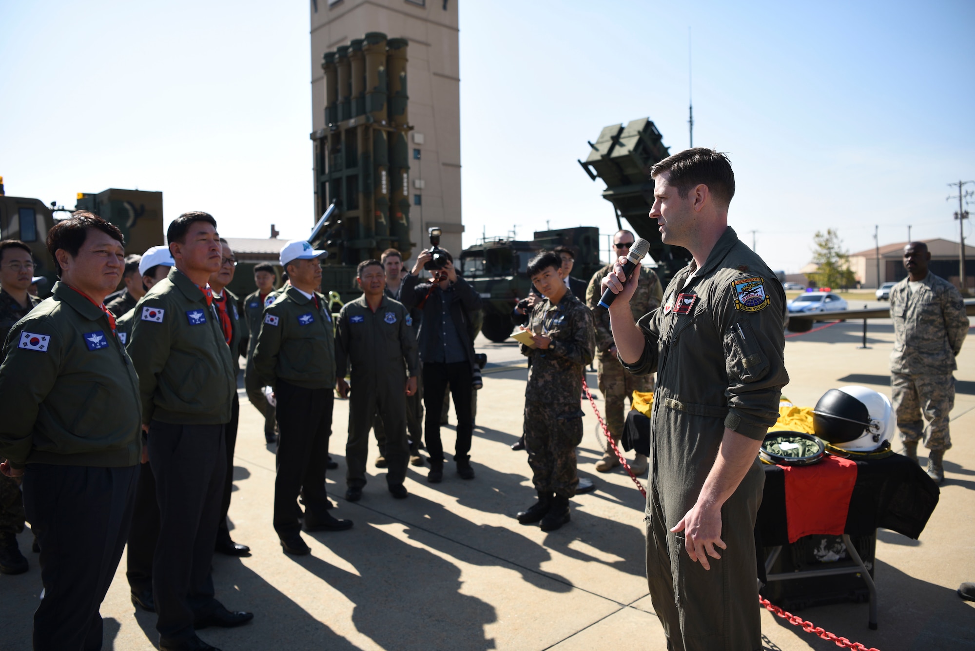 U.S. Air Force Maj. Andrew Behm, a U-2 Dragon Lady pilot assigned to the 5th Reconnaissance Squadron at Osan Air Base, Republic of Korea, speaks to members of the ROK National Defense Committee during a site visit Oct. 25, 2018. The visiting delegation heard from U.S. and ROK pilots and gained a better understanding of the strong working relationship between the two countries. (U.S. Air Force photo by Airman 1st Class Ilyana A. Escalona)