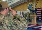 SANTA RITA, Guam, (Oct. 26, 2018) Captain Robert Baughman, gives his final remarks as Commander, Task Force (CTF) 75 as he relinquishes command to Capt. Eric C. Correll during a change of command ceremony held at Naval Base Guam. CTF 75, the primary expeditionary task force responsible for the planning and execution of coastal riverine operations, explosive ordnance disposal, diving engineering and construction, and underwater construction in the U.S. 7th Fleet area of operations.