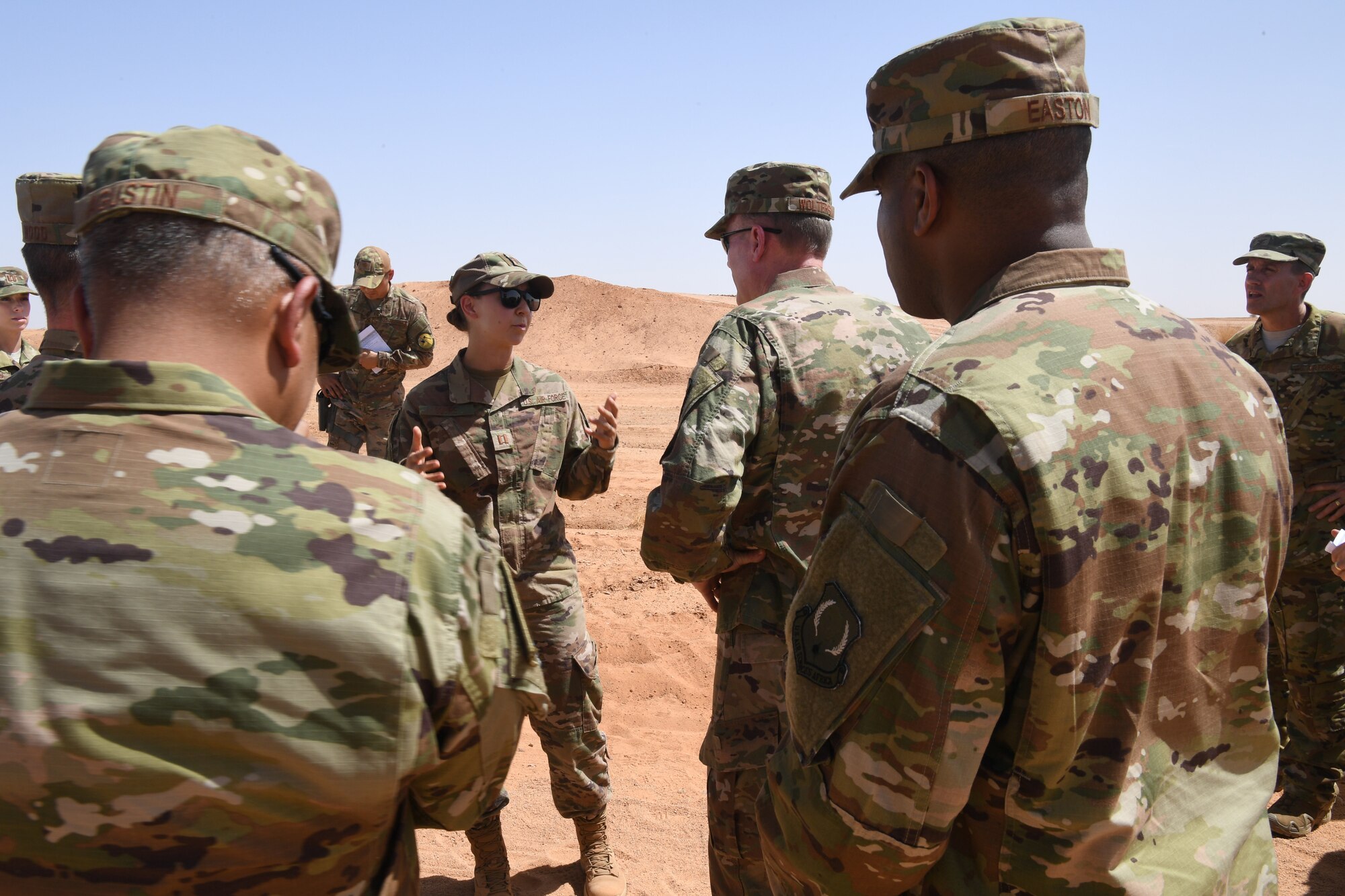 U.S. Air Force Gen. Tod D. Wolters, U.S. Air Forces in Europe-Air Forces Africa commander, and leaders from U.S. Air Forces in Europe-Air Forces Africa, 3rd Air Force, and the 435th Air Expeditionary Wing discuss operations at Nigerien Air Base 201, Niger, Oct. 25, 2018. The tour allowed USAFE-AFAFRICA leadership to see progress at the construction sites and base facilities first-hand. (U.S. Air Force photo by Tech. Sgt. Rachelle Coleman)