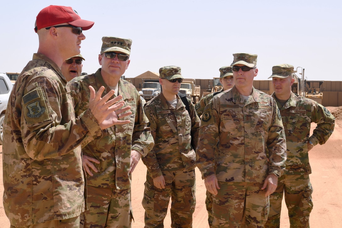 U.S. Air Force Gen. Tod D. Wolters, U.S. Air Forces in Europe-Air Forces Africa commander, and leaders from U.S. Air Forces in Europe-Air Forces Africa, 3rd Air Force, and the 435th Air Expeditionary Wing discuss operations at Nigerien Air Base 201, Niger, Oct. 25, 2018. The tour allowed USAFE-AFAFRICA leadership to see progress at the construction sites and base facilities first-hand. (U.S. Air Force photo by Tech. Sgt. Rachelle Coleman)