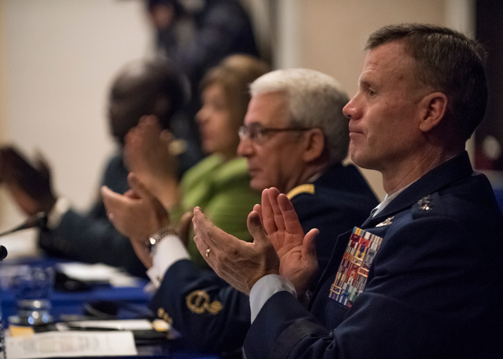 General Tod D. Wolters, Commander, USAFE-AFAFRICA, applauds a speaker at the 8th annual African Air Chiefs Symposium. The purpose of the symposium is to create a forum for air chiefs from across the African continent to come together to address regional and continental issues, enhance relationships and increase cooperation. (DoD photo by Mass Communication Specialist 2nd Class Cody Hendrix/Released)