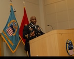 Army Col. Abel Young speaks during his promotion ceremony at DLA Troop Support in Philadelphia, Oct. 25, 2018. Young, a Chicago Heights, Ill., native, is the director of the Subsistence supply chain. (Photo by Ed Maldonado/DLA Troop Support)