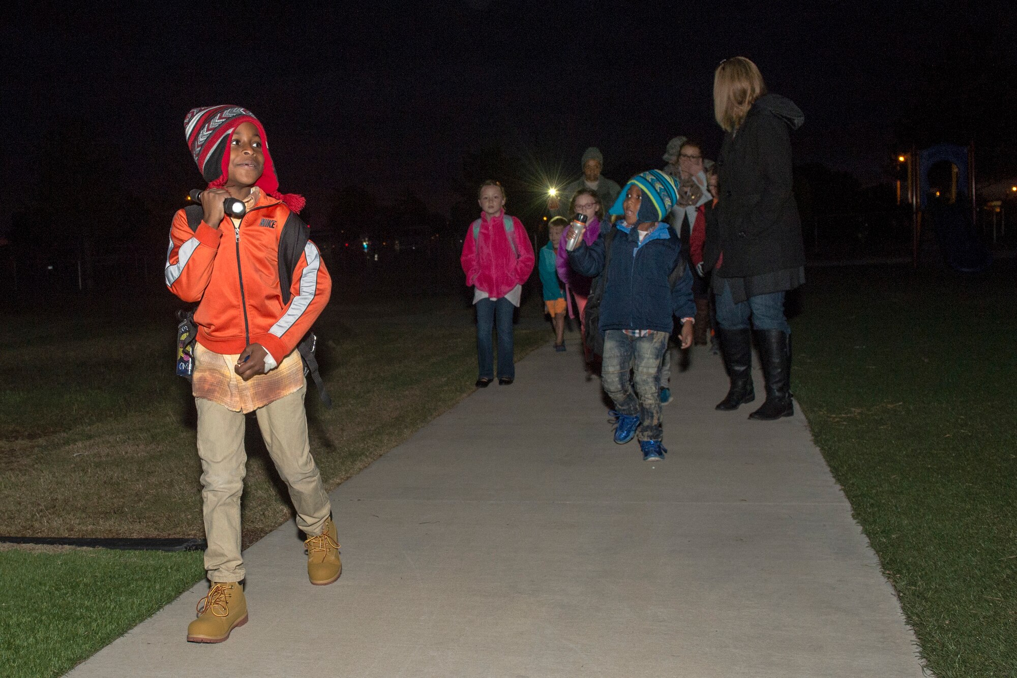 Students arrive at L. Mendel Rivers Elementary School after a ‘Walk to School Day’ event, October 24, 2018, at Altus Air Force Base, Okla.