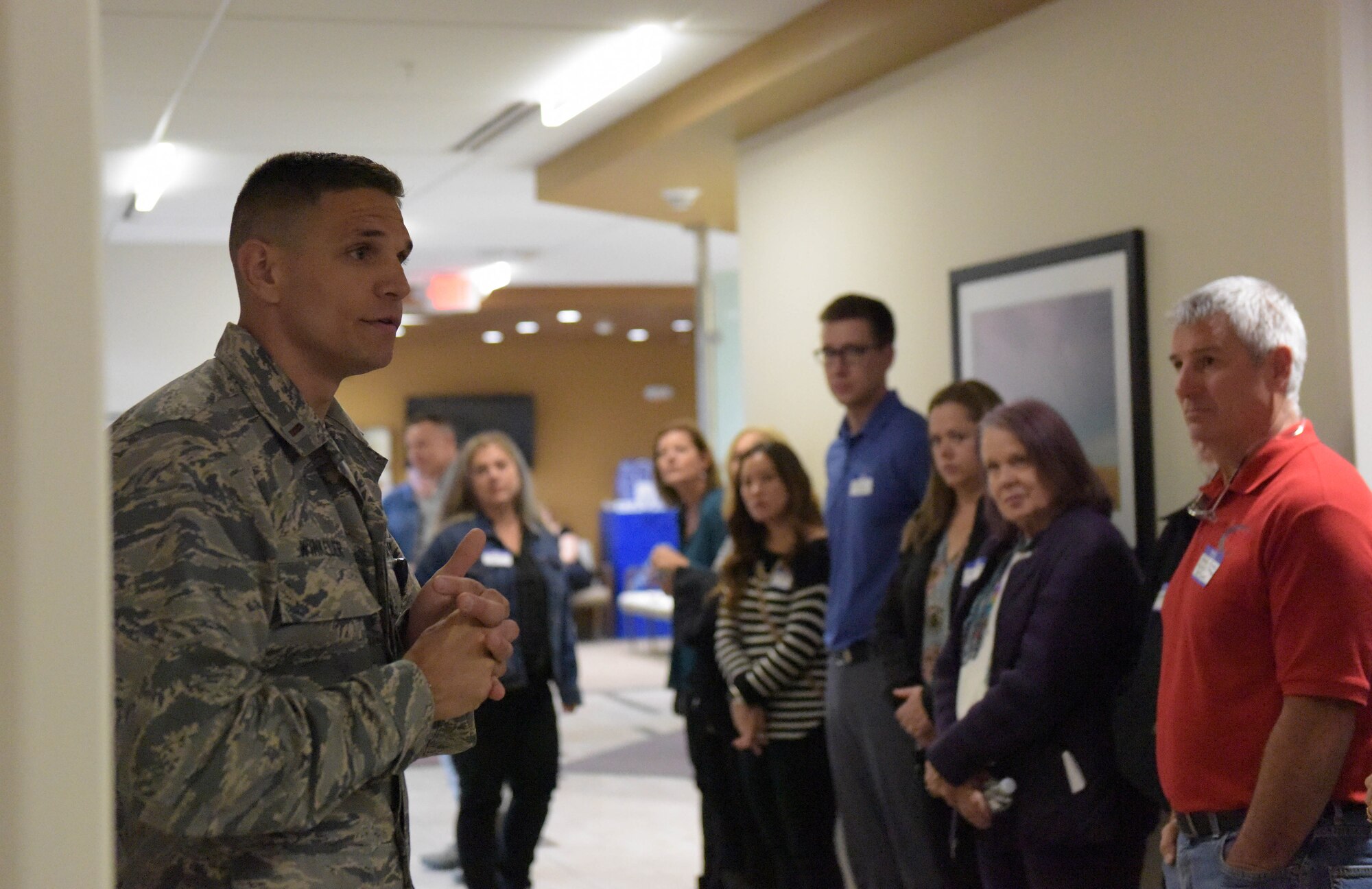2nd Lt. Shawn Winkeler, Tricare operations and patient administration flight commander from the 509th Medical Group, gives local Tricare network providers a base of the clinic Oct. 19, 2018 at Whiteman Air Force Base, Missouri. The 509th MDG provides trusted medical support, community health and wellness and develops and sustains mission-ready medics to support Combatant and Joint Force Commanders. The group also provides health services for more than 12,000 beneficiaries. (U.S. Air Force photo by Staff Sgt. Joel Pfiester)