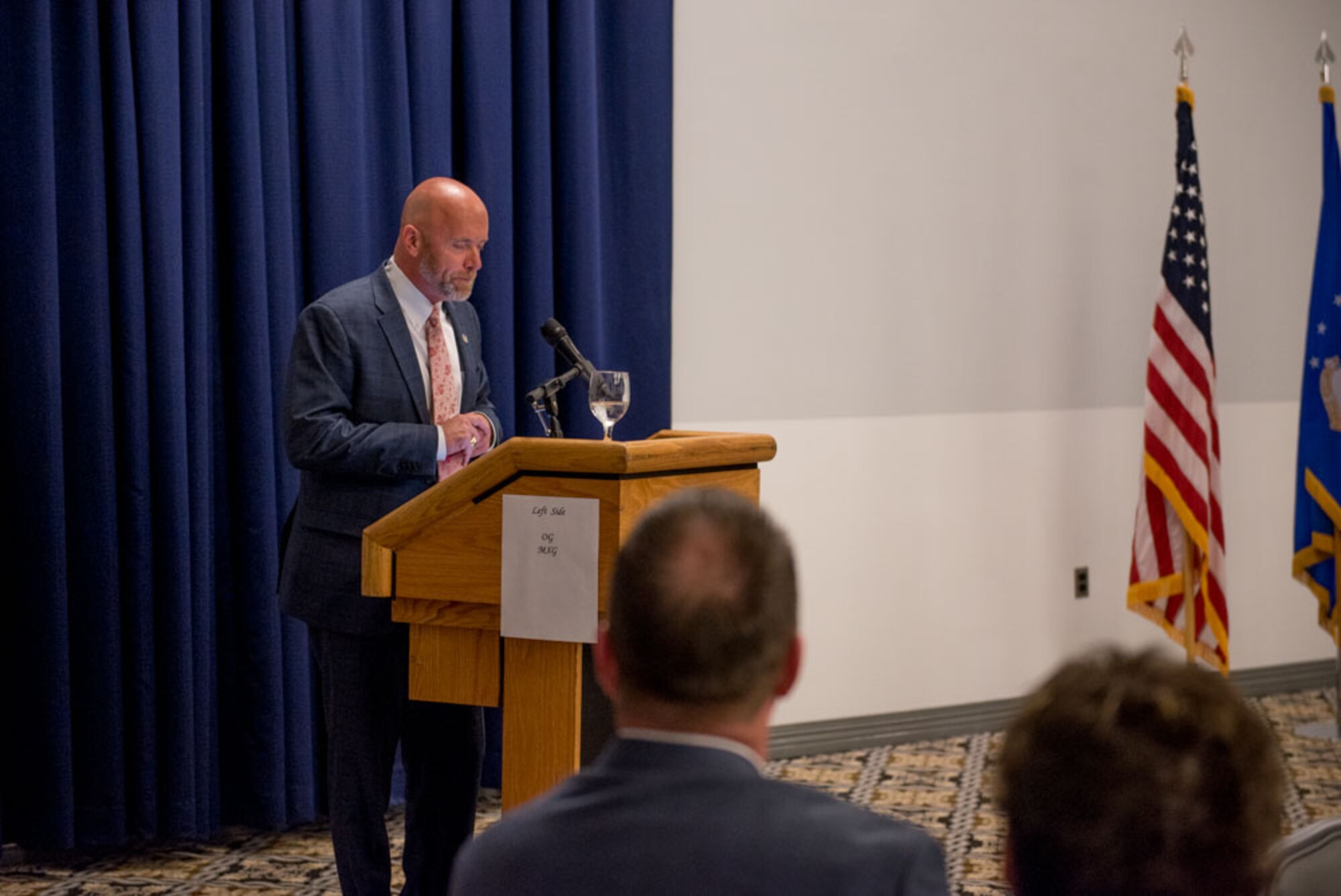 Bobby Pancake, Air Mobility Command civic leader and Team Dover honorary commander alumnus, delivers the keynote speech during the Honorary Commander Induction ceremony at Dover Air Force Base, Delaware, Oct. 20, 2018. Pancake is co-owner of High 5 Hospitality and is owner of the Buffalo Wild Wings development rights for the state of Delaware. (U.S. Air Force photo by Staff Sgt. Damien Taylor)
