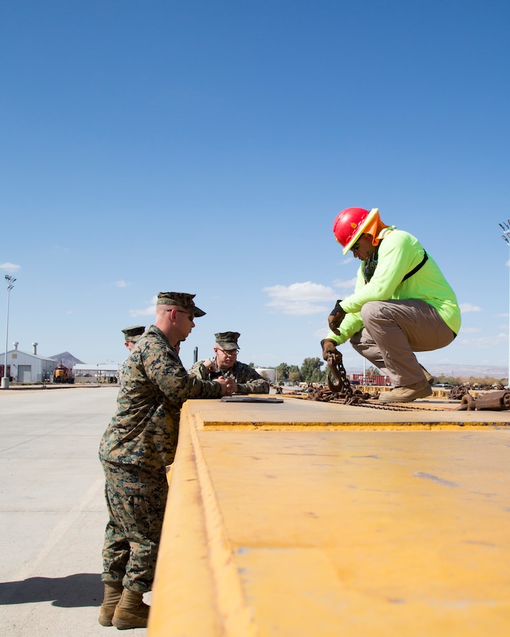 Retired Gunnery Sgt. and current civilian employee in Railway Operations, Antiono Flores Jr., explains the dynamics of properly securing equipment on railcars to Army Soldiers, on the Yermo Annex aboard Marine Corps Logistics Base Barstow, Calif., Oct. 11. The training is part of an 80-hour course offered through the Marine Corps Training Information Management System and available to all branches of the military.