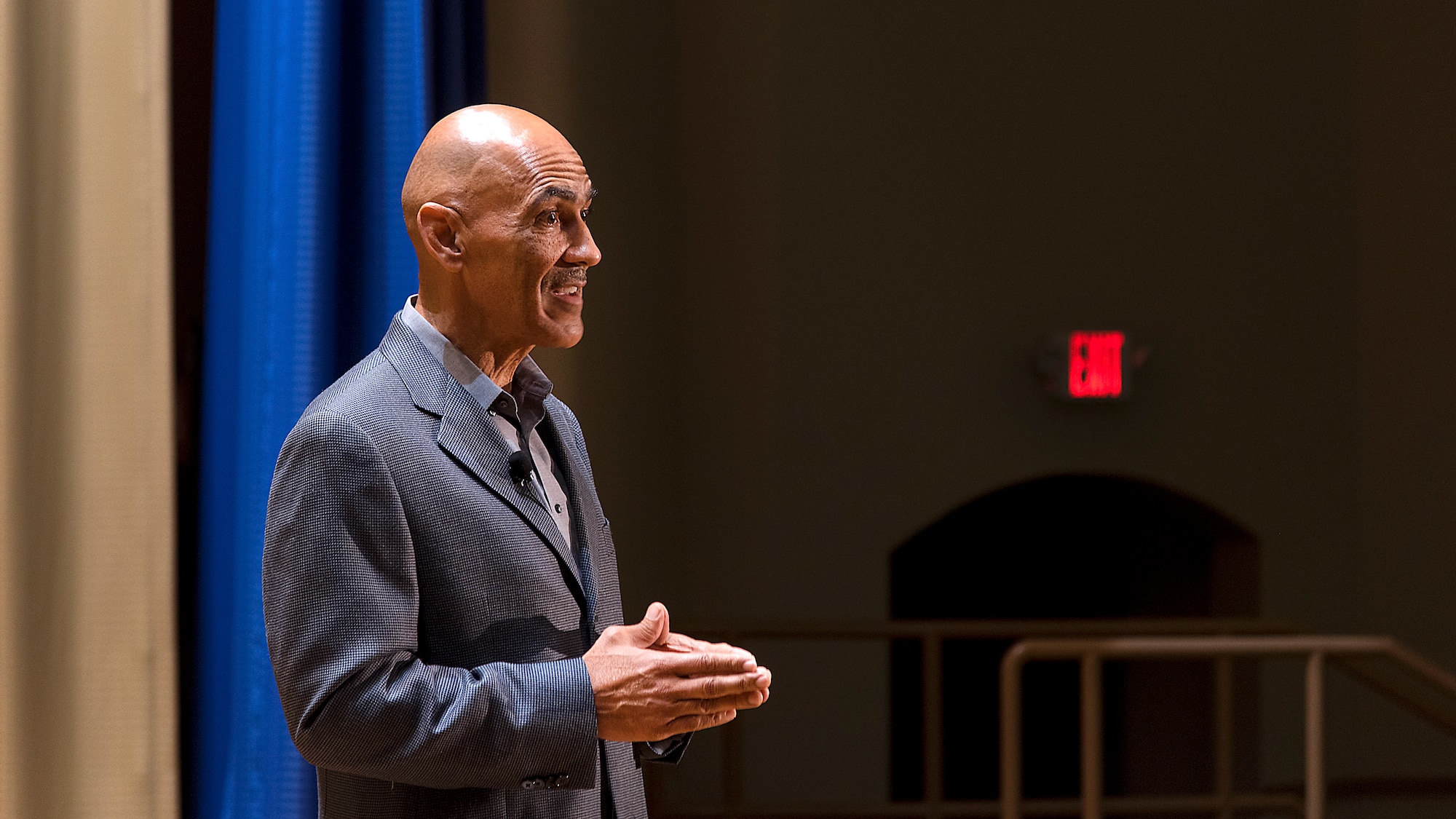 Super Bowl winning head coach and Pro Football Hall of Fame inductee, Tony Dungy, speaks to MacDill Air Force Base, Fla., service members Oct. 24, 2018. Dungy focused his speech on the connection between resiliency and suicide awareness and prevention.
