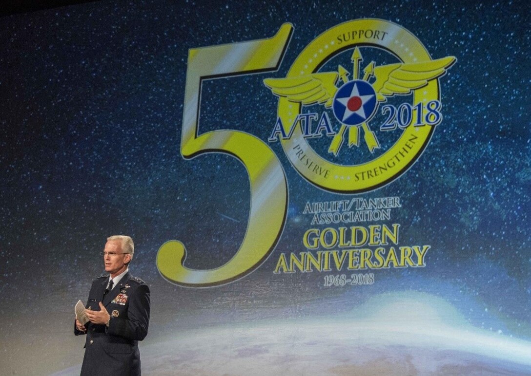 U.S. Air Force Gen. Paul J. Selva, vice chairman of the Joint Chiefs of Staff, gives the opening address for the Airlift/Tanker Association Symposium in Grapevine, Texas, Oct. 25, 2018. A/TA provides mobility Airmen a professional development forum to engage with industry experts within the mobility enterprise, attend seminars focused on mobility priorities, and listen to leadership perspectives from top leaders in the Air Force and Department of Defense.     (U.S. Air Force photo by Tech. Sgt. Jodi Martinez)