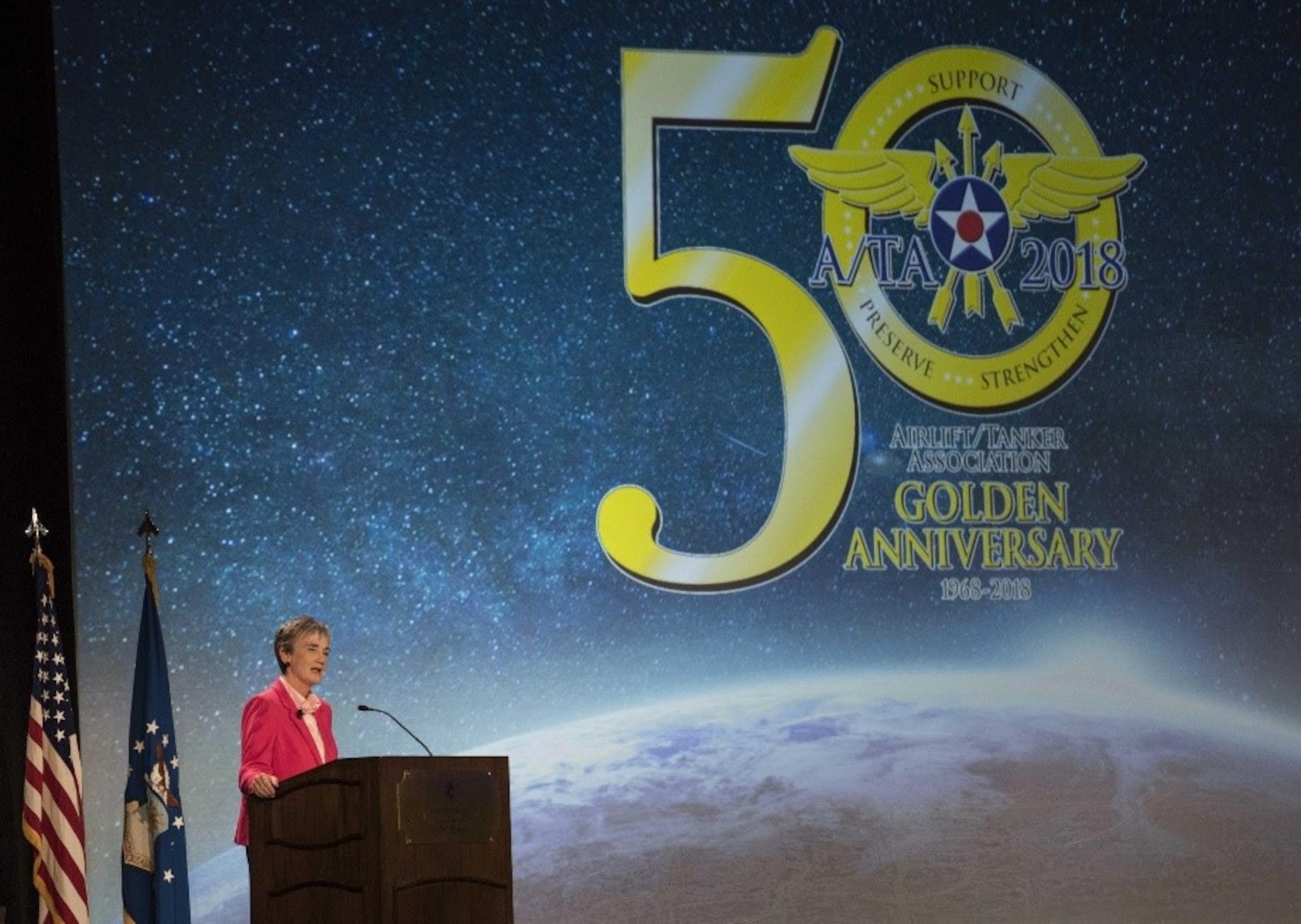 Secretary of the Air Force Heather Wilson, gives the first major address of the Airlift/Tanker Association Symposium in Grapevine, Texas, Oct. 25, 2018. Wilson spoke about the Air Force's status in restoring readiness in the force and outlined plans to grow squadrons, develop leaders, and cost-effectively modernize to succeed in the current age of great power competition. A/TA provides mobility Airmen a professional development forum to engage with industry experts within the mobility enterprise, attend seminars focused on mobility priorities, and listen to leadership perspectives from top leaders in the Air Force and Department of Defense.     (U.S. Air Force photo by Tech. Sgt. Jodi Martinez)