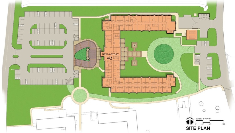 A vertical rendering of the layout for the future four-story 125,000, square foot Visitor’s Quarters on Joint Base Charleston, S.C. The project is a result of low vacancy at the current Visitor’s Quarters. The modernized four-story structure will have 266 guest rooms, conference rooms, an exercise room, guest laundry and other amenities covering 150,000 square-feet. The Visitor’s Quarters project is slated for completion in Fall 2020.