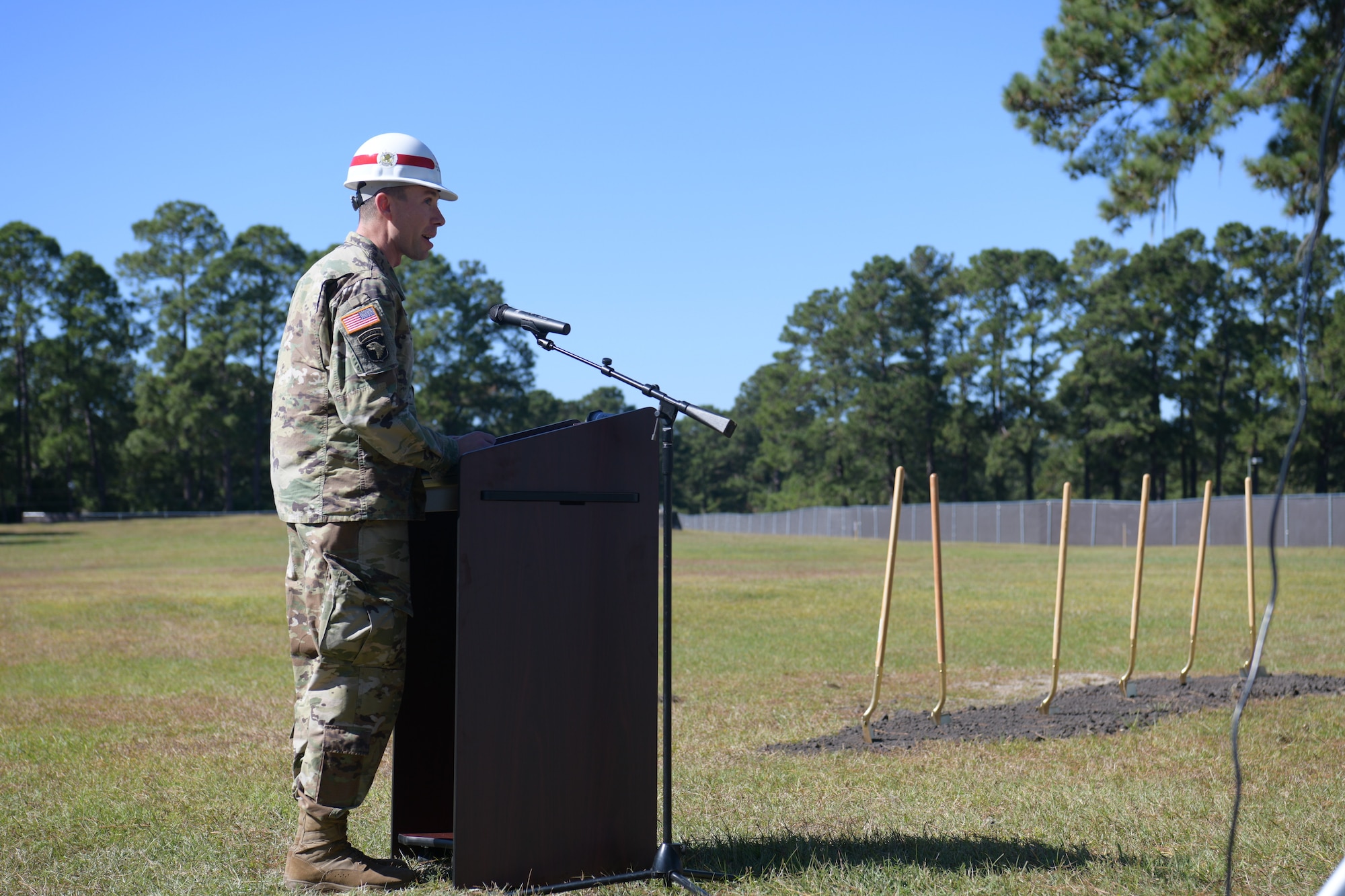 Maj. Paul Sipe, Army Corps of Engineers, Charleston District deputy commander, speaks at the groundbreaking of the new Visitor’s Quarters project Oct. 24, 2018 on Joint Base Charleston, S.C. The project is a result of low vacancy at the current Visitor’s Quarters. The modernized four-story structure will have 266 guest rooms, conference rooms, an exercise room, guest laundry and other amenities covering 150,000 square-feet. The Visitor’s Quarters project is slated for completion in Fall 2020.