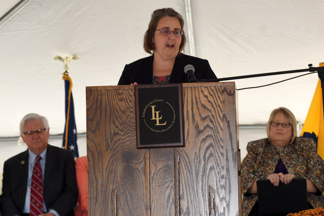 Angela Dunn, U.S. Army Corps of Engineers Nashville District Project Planning Branch chief, speaks about her excitement for a new water tower and its benefits to the region during a groundbreaking ceremony Oct. 25, 2018 for Greer Industrial Park in Laurel County, Ky. (USACE photo by Lee Roberts)